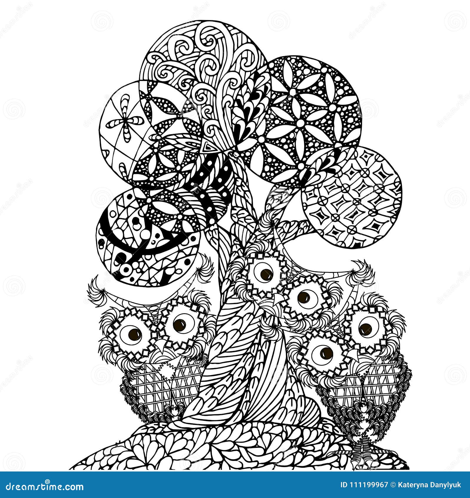 monochrome hand drawn zen tangle stylized tree and owls, stock   for web, for print
