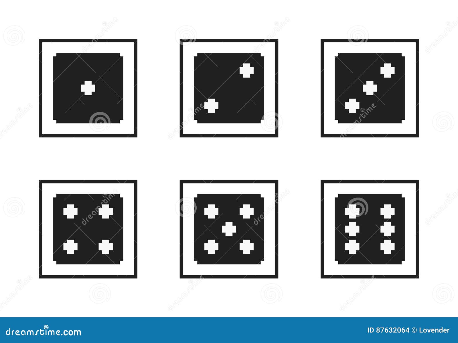 Monochrome Pixel-art Vector Pixelated Black Dices with White Dot Stock