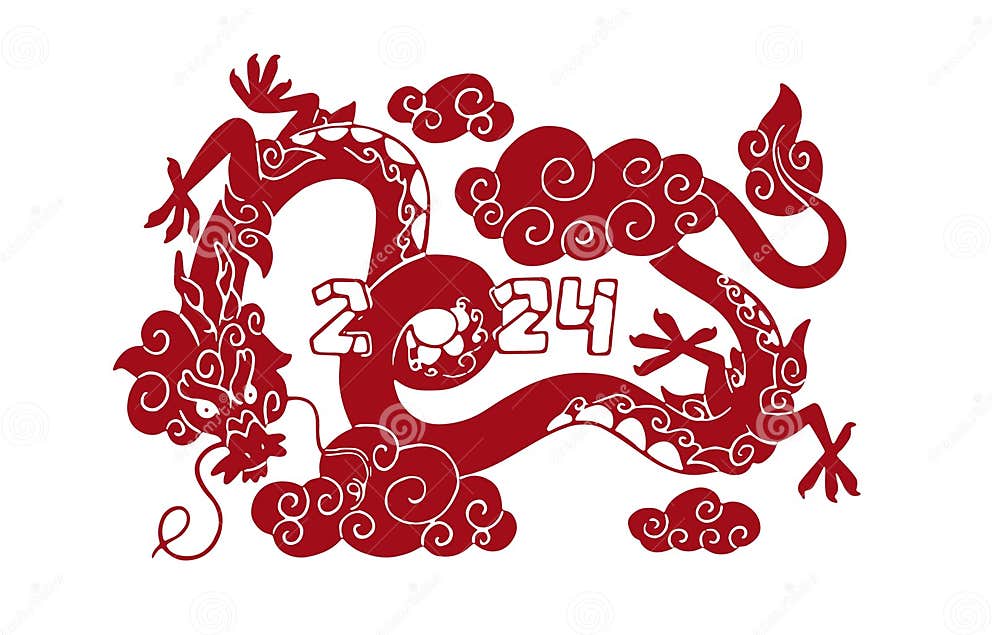 Monochrome Red Dragon. Symbol of 2024 New Year. Chinese Zodiac Print