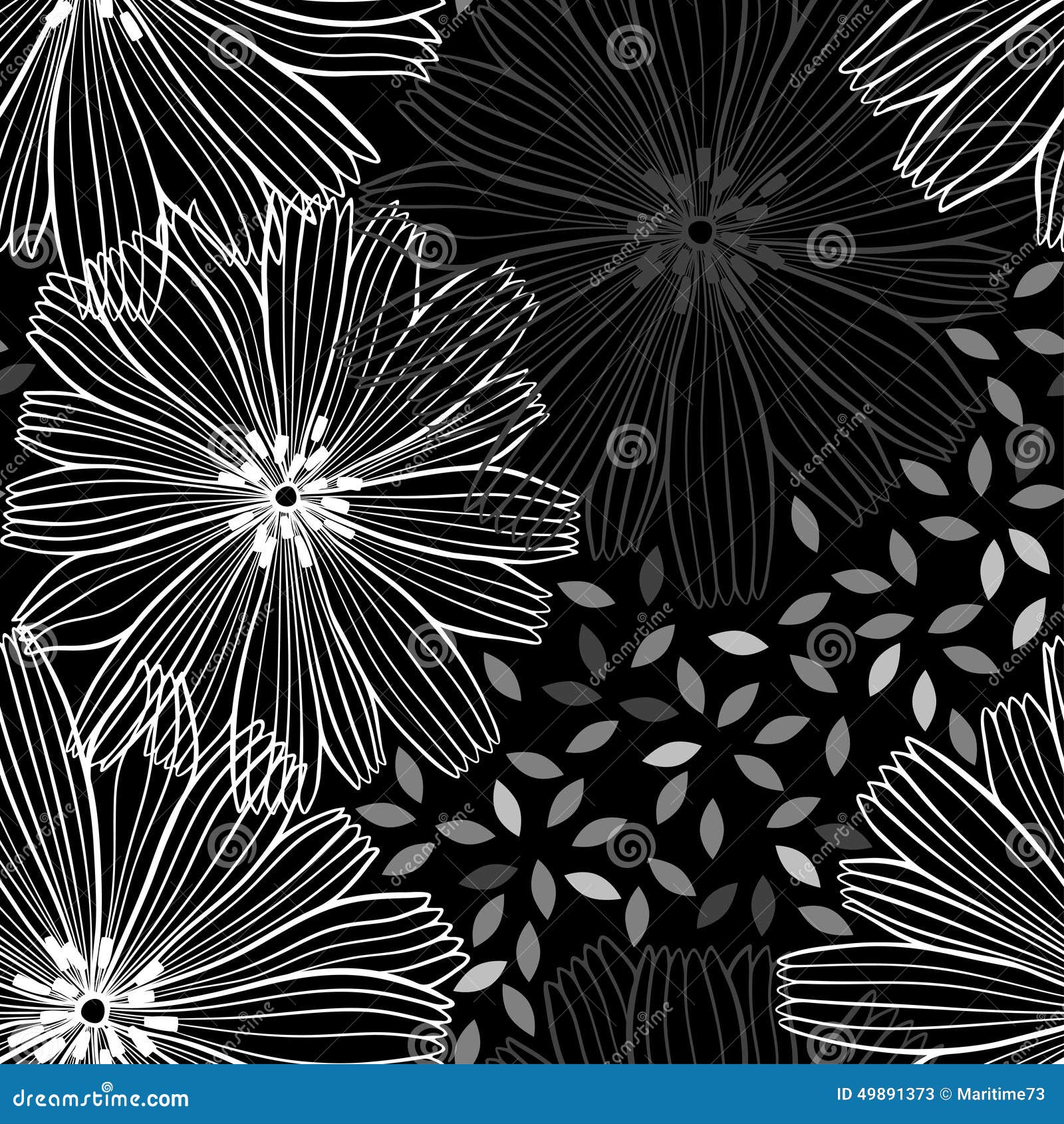 Monochrome Seamless Pattern of Abstract Flowers. Floral Stock ...