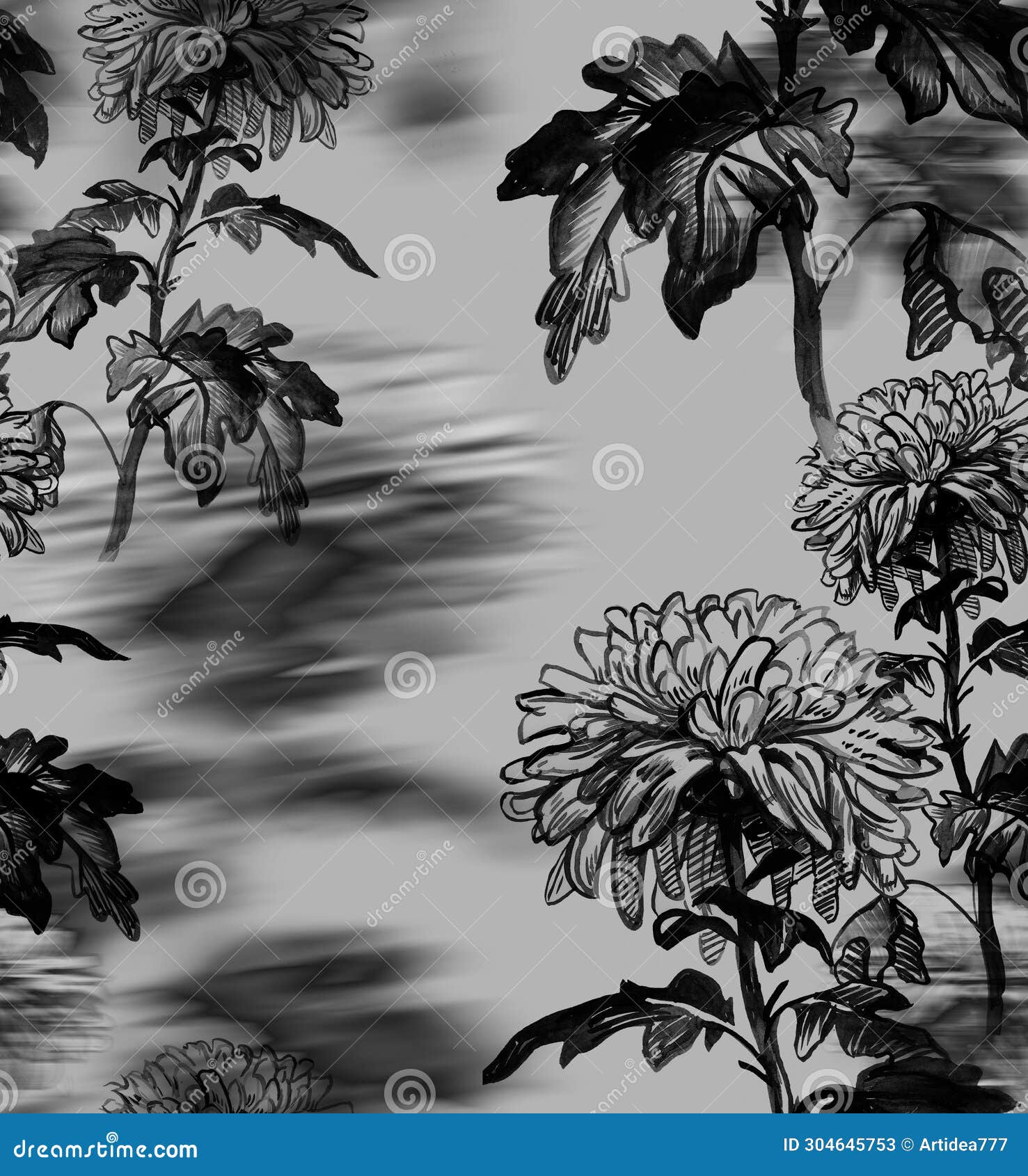 monochrome seamless pattern with blurred sillouettes of chrysanthemums.