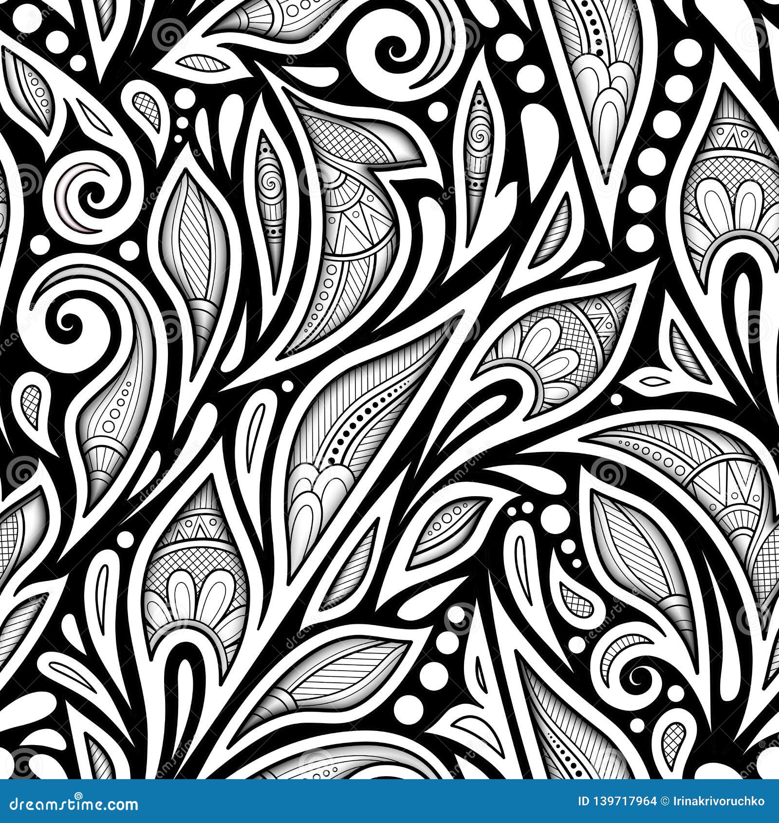 Monochrome Seamless Pattern with Floral Ethnic Motifs Stock Vector ...