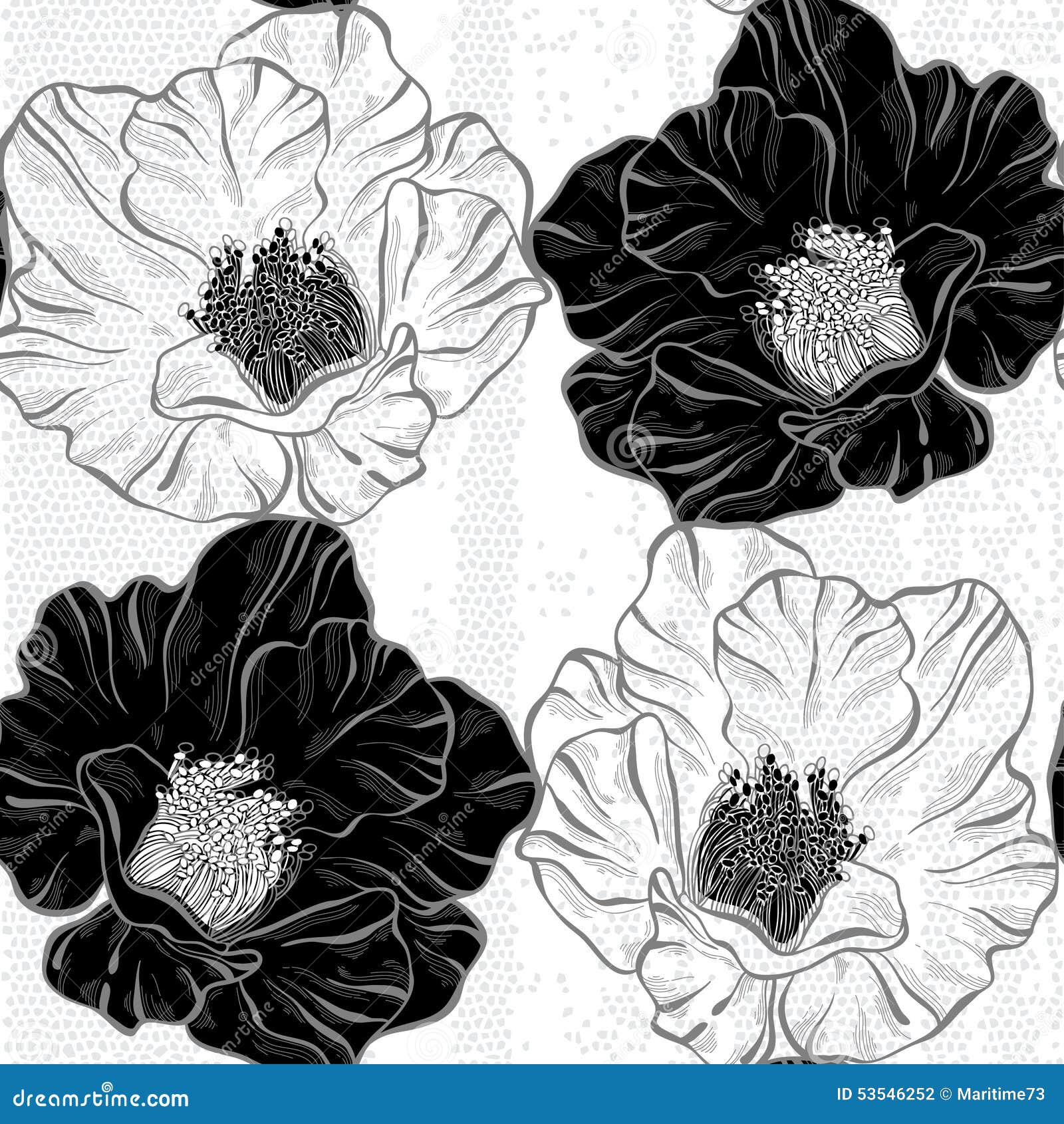 Monochrome Seamless Pattern With Flowers Hand Drawn Floral Back Stock