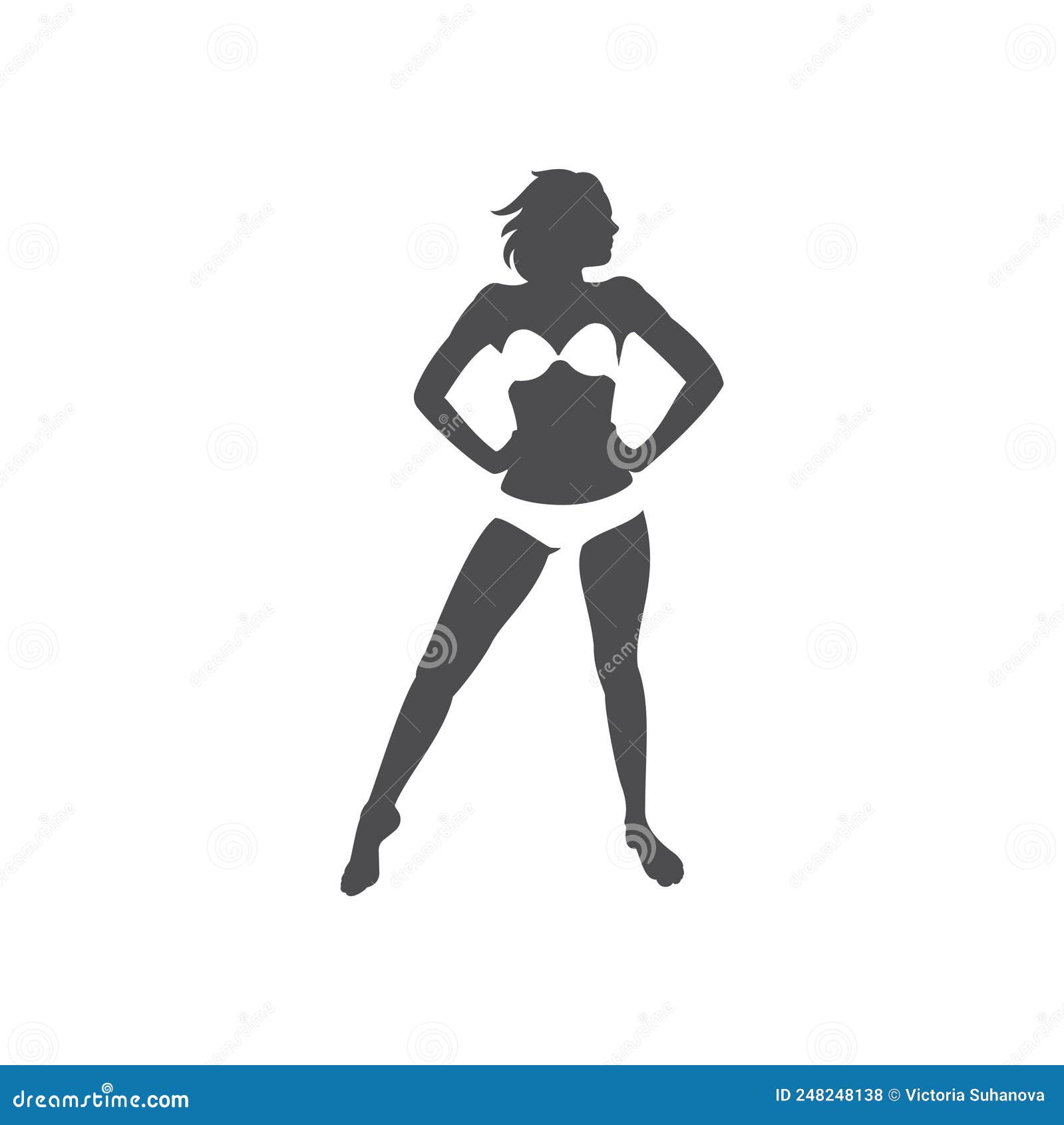 Monochrome Silhouette Tanned Naked Woman Slim Body In Swimsuit Front View Vector Illustration