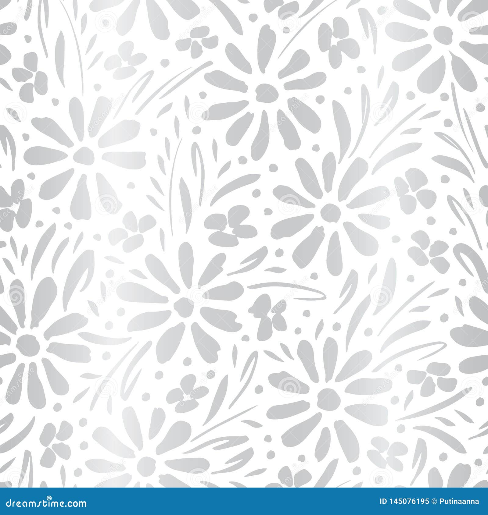 monochrome silver gradient hand-painted daisies and foliage on white background  seamless patters. floral print