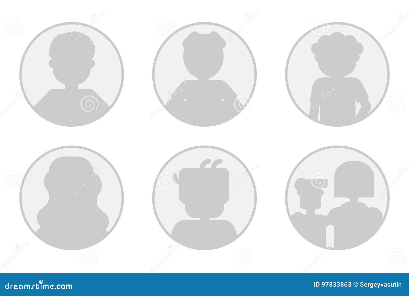 Vector set of monochrome six avatars - men, woman and family - round avatars