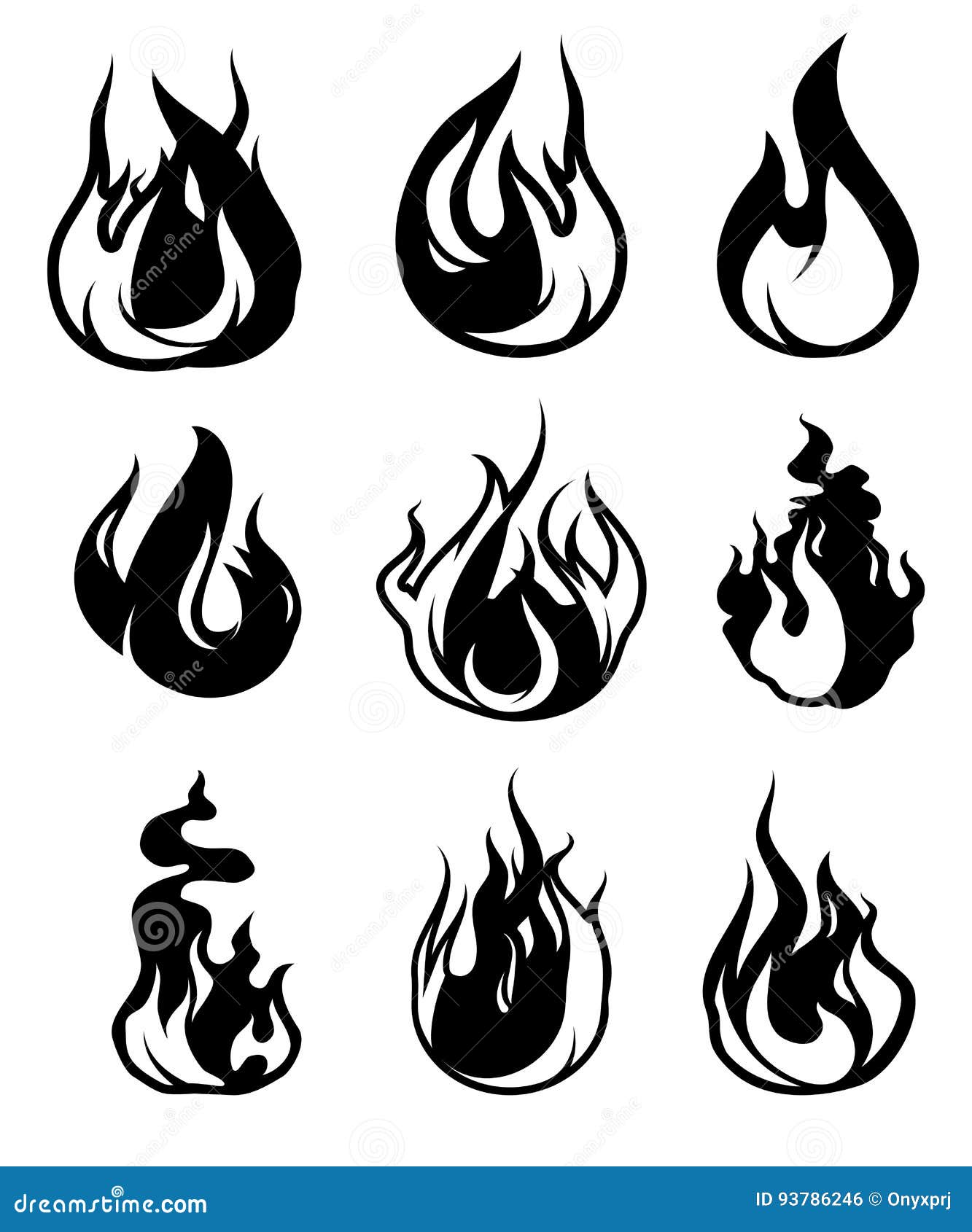 Monochrome Symbols Of Flame. Vector Black Icons Isolate On White