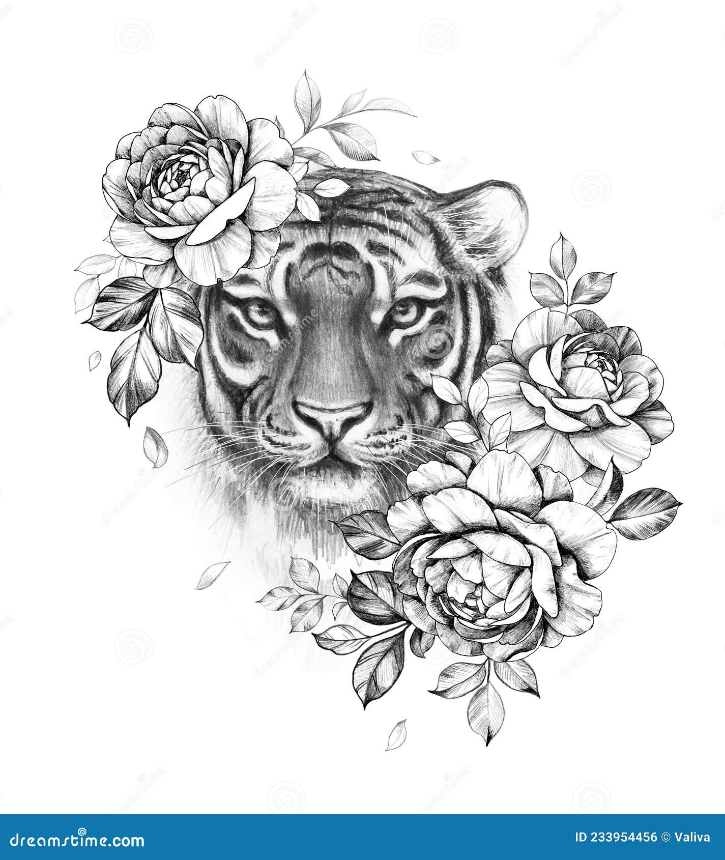 Monochrome Tiger with Rose Flowers Stock Illustration - Illustration of  head, adorable: 233954456