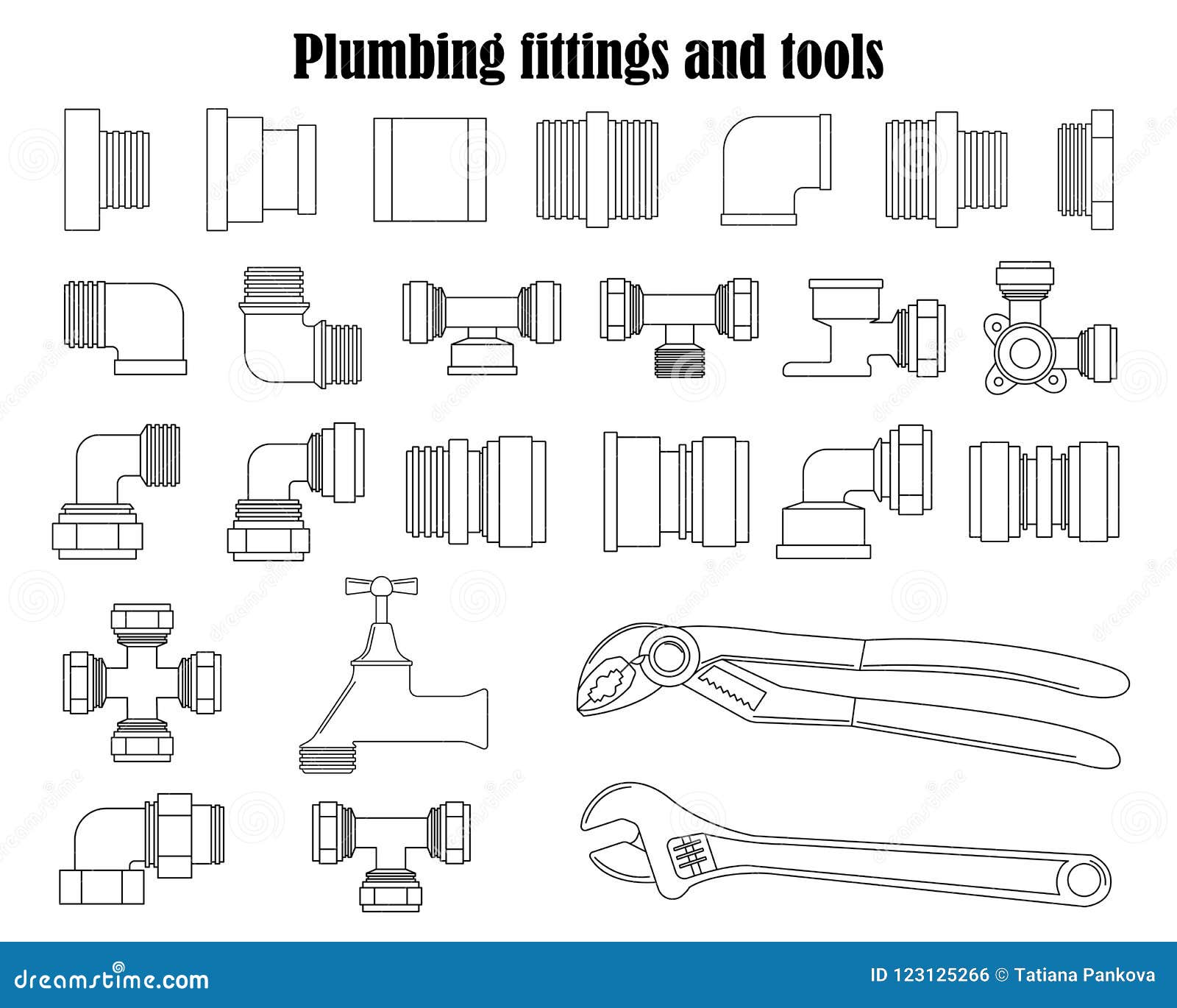Monochrome Vector Set of Plumbing Fittings and Tools Stock Vector
