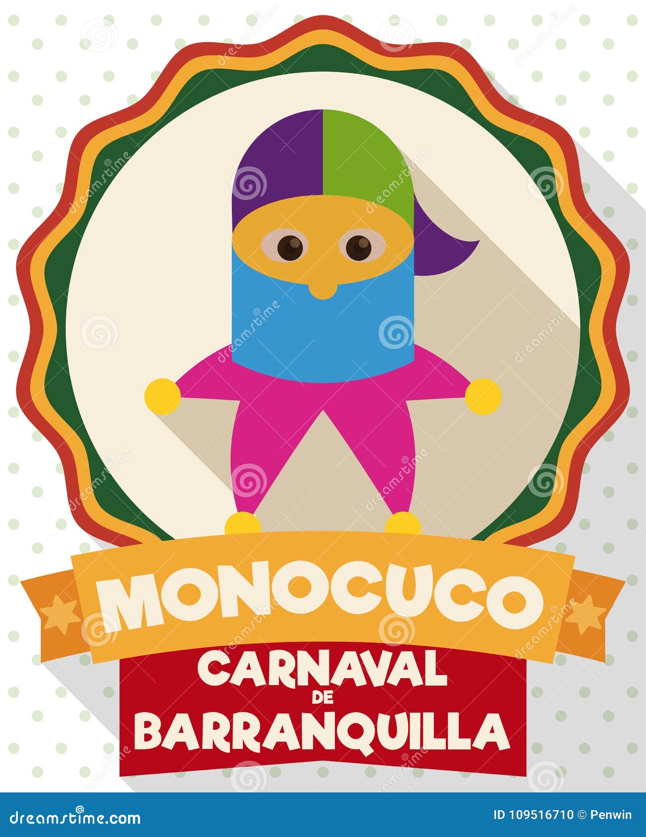 monocuco in a button in flat style for barranquilla`s carnival,  