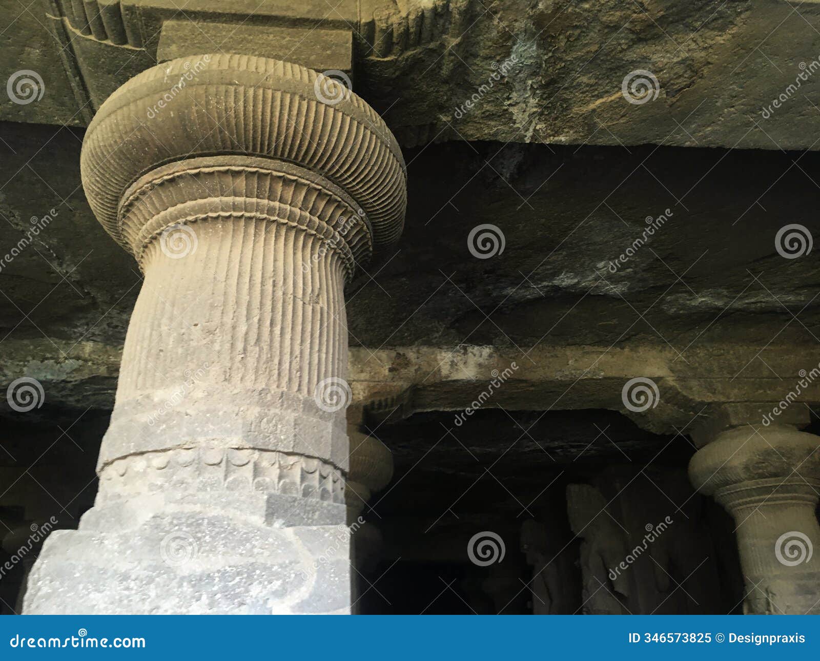monolithic columns at elephanta caves island - stock image