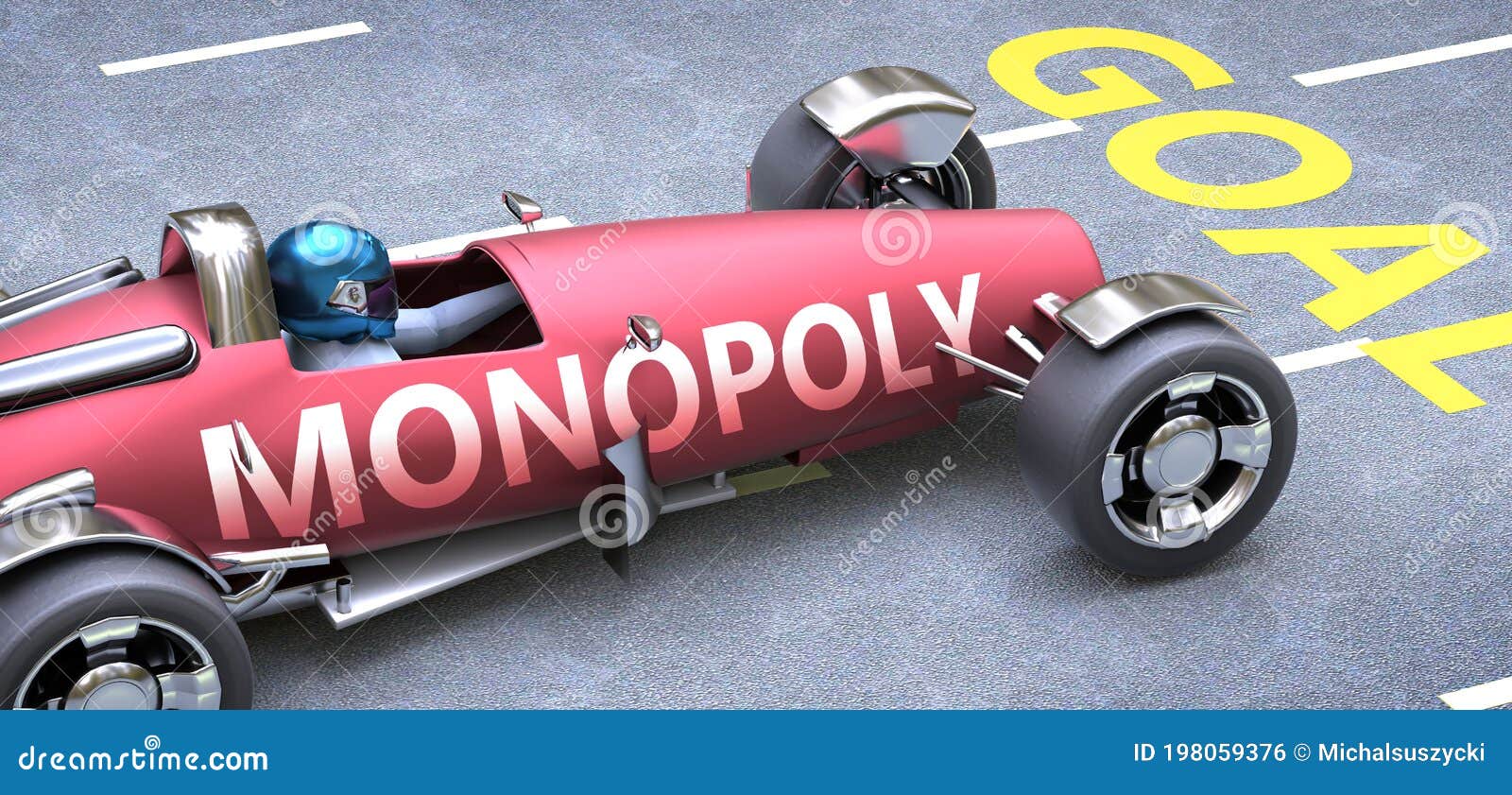 Monopoly Helps Reaching Goals, Pictured As a Race Car with a Phrase