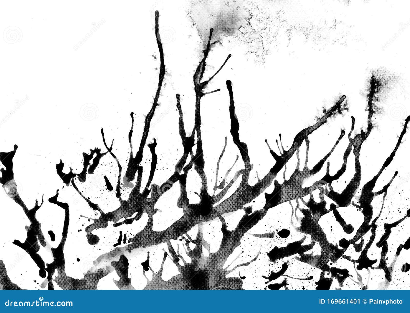 Straw Blow Watercolor Technique Black Ink in Coral Branch Illustration