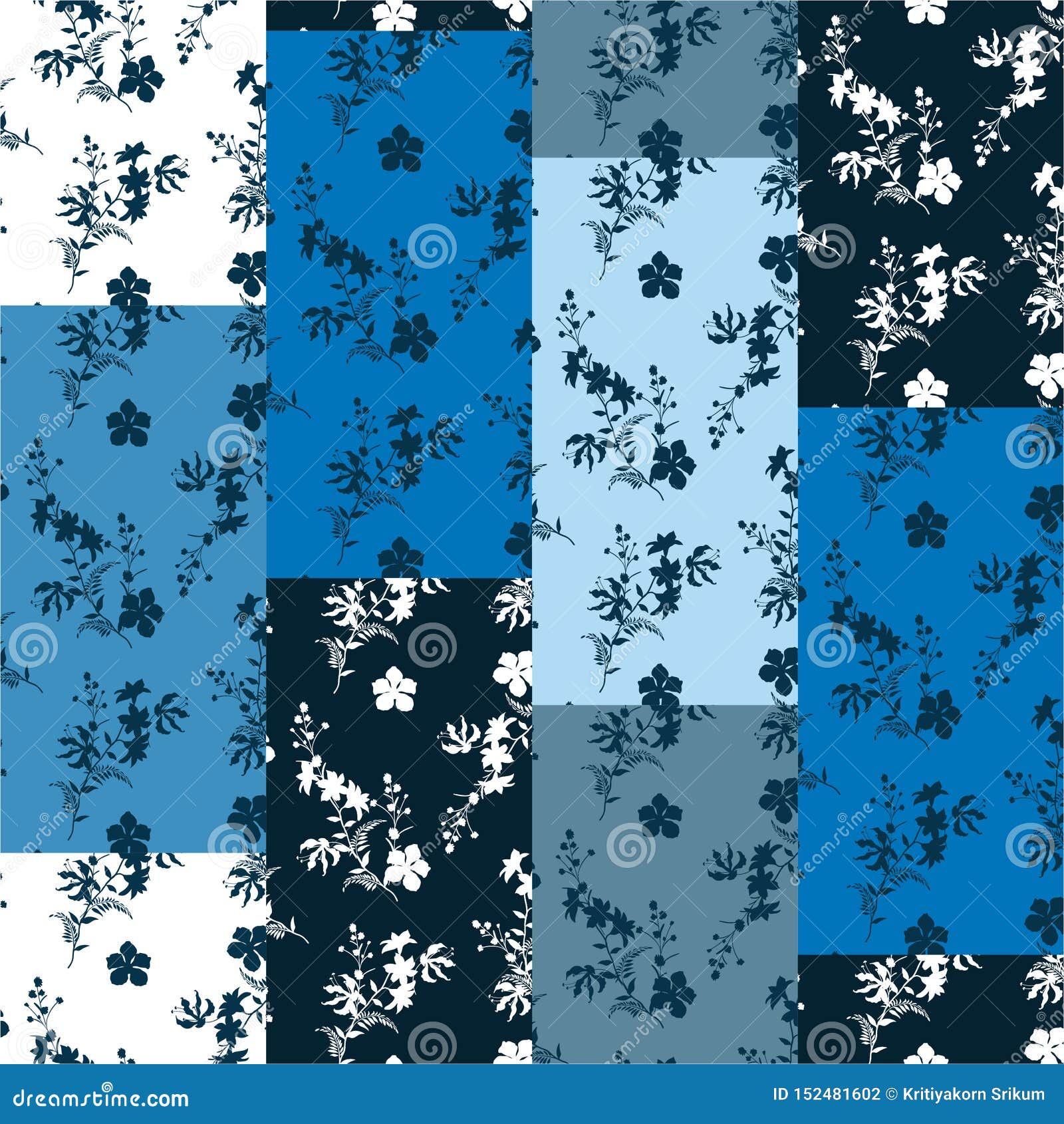 monotone on blue shade  patchwork vertical pattern.modern silhouette floral botanic decorative collage. background. colorful