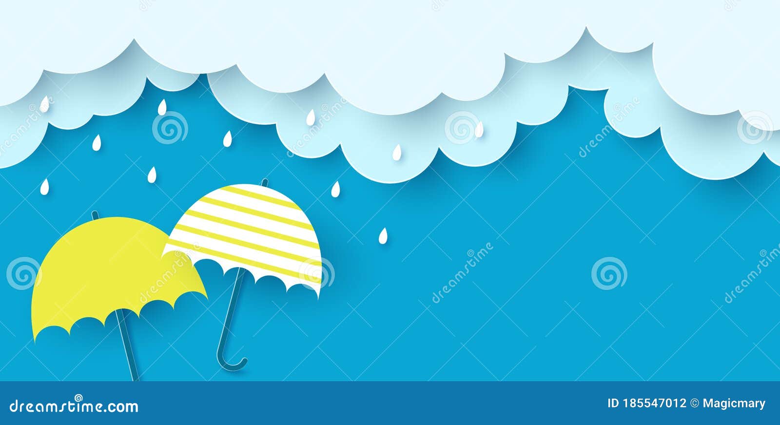 Monsoon Poster. Clouds, Rain and Umbrella on Blue Background. Vector