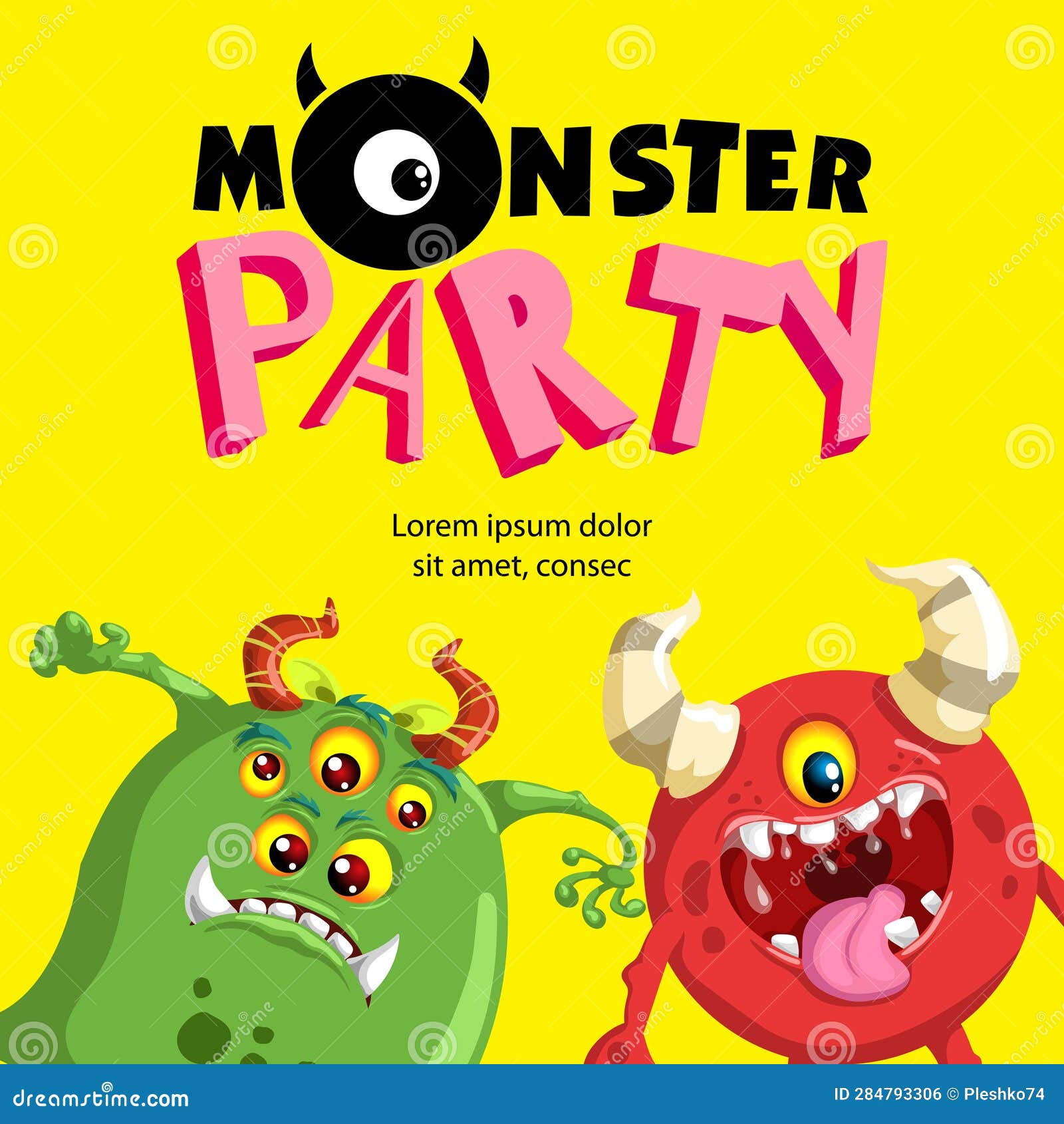 monster party banner  template. cute cartoon monster mascots.