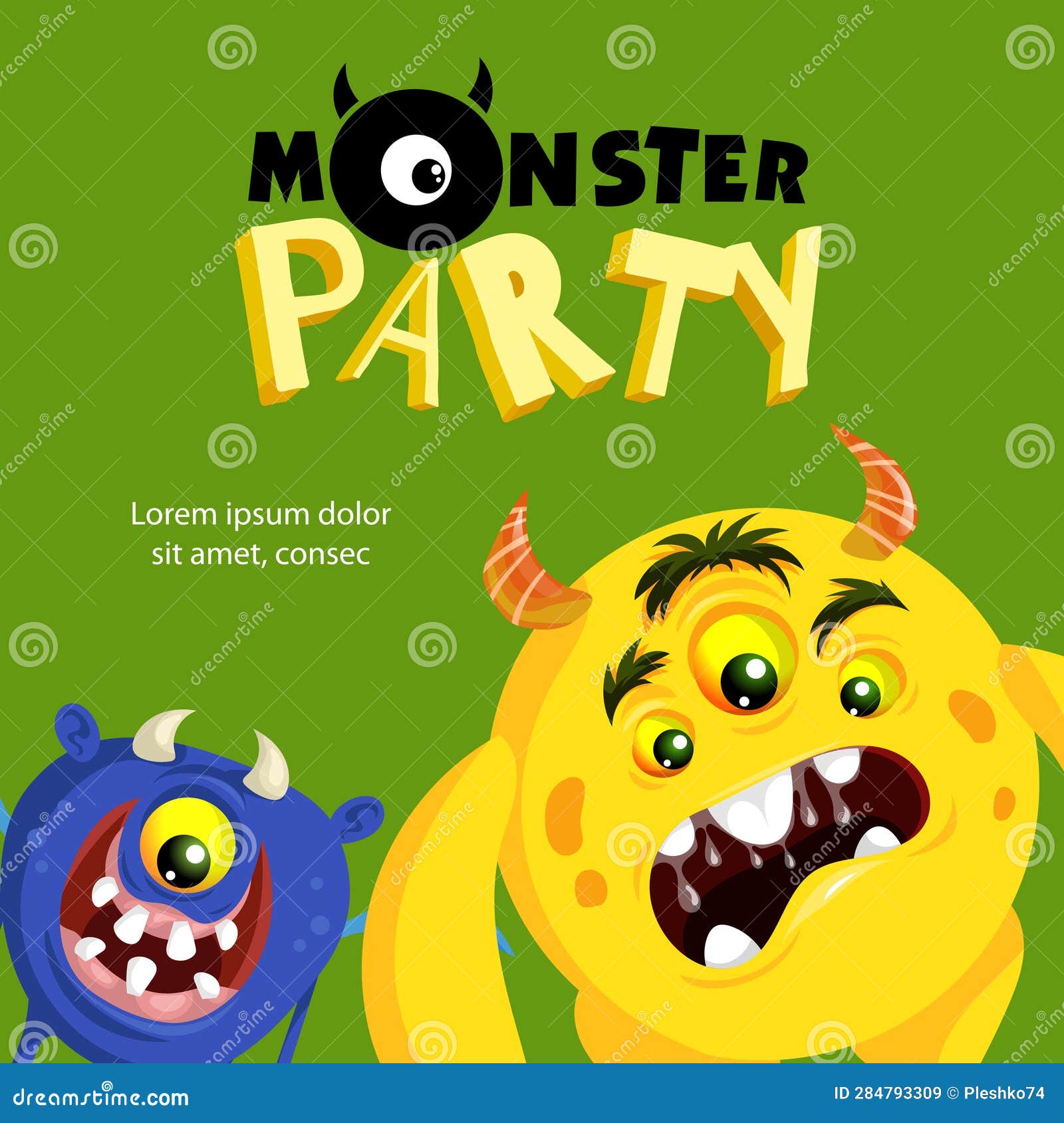 Monster Party Banner Design Template. Cute Cartoon Monster Mascots ...