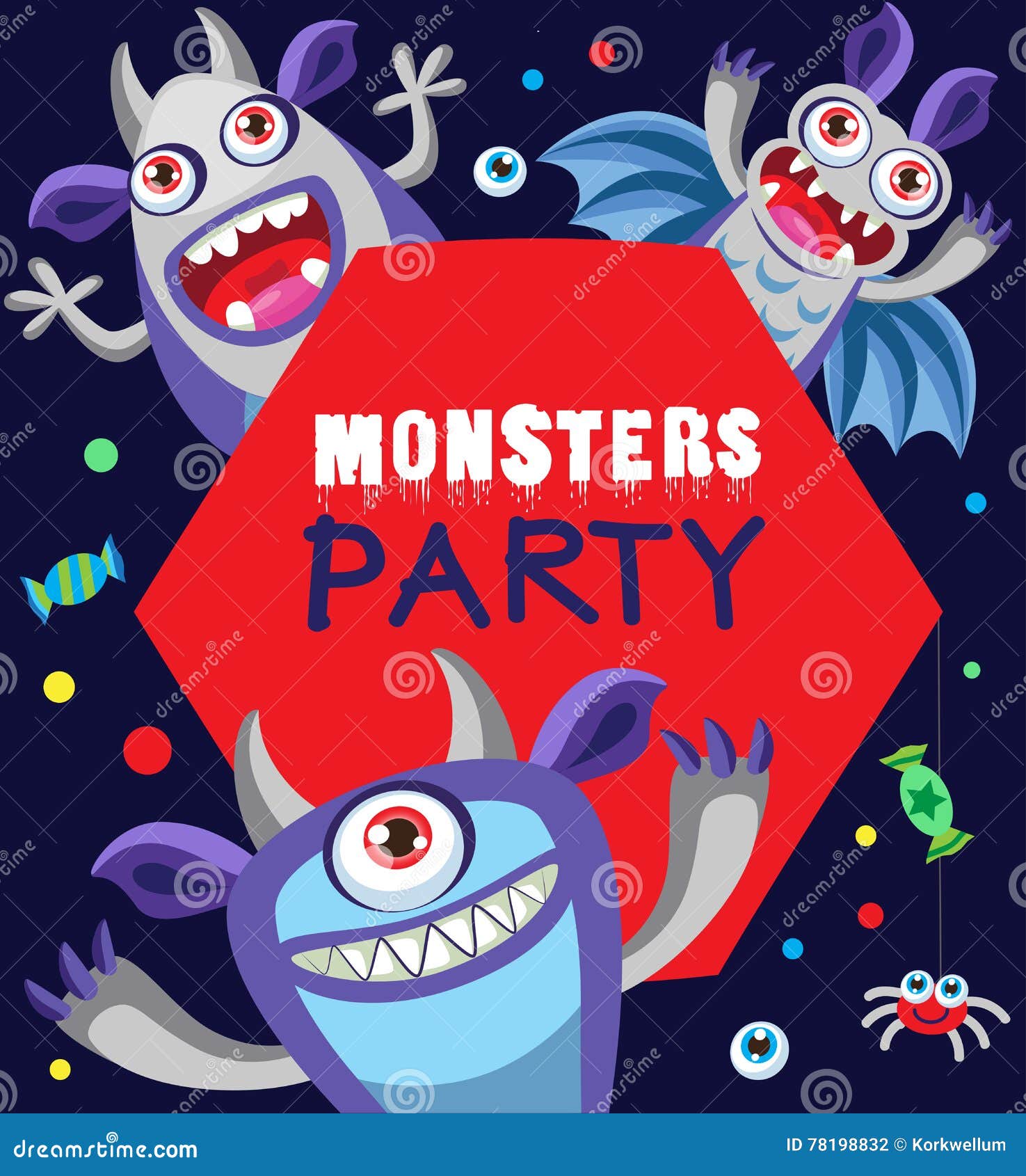 Monster Party Card Design. Cartoon Vector Illustration. Funny Monster ...