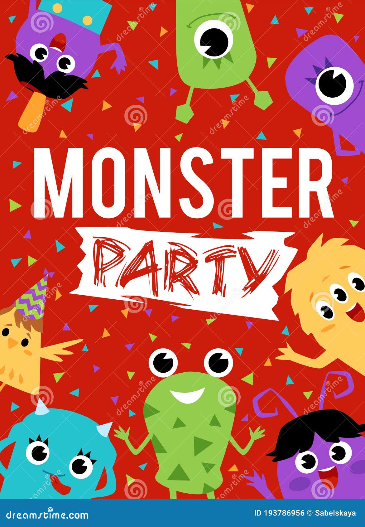 Monster Party Poster with Aliens on Red Background, Flat Vector ...