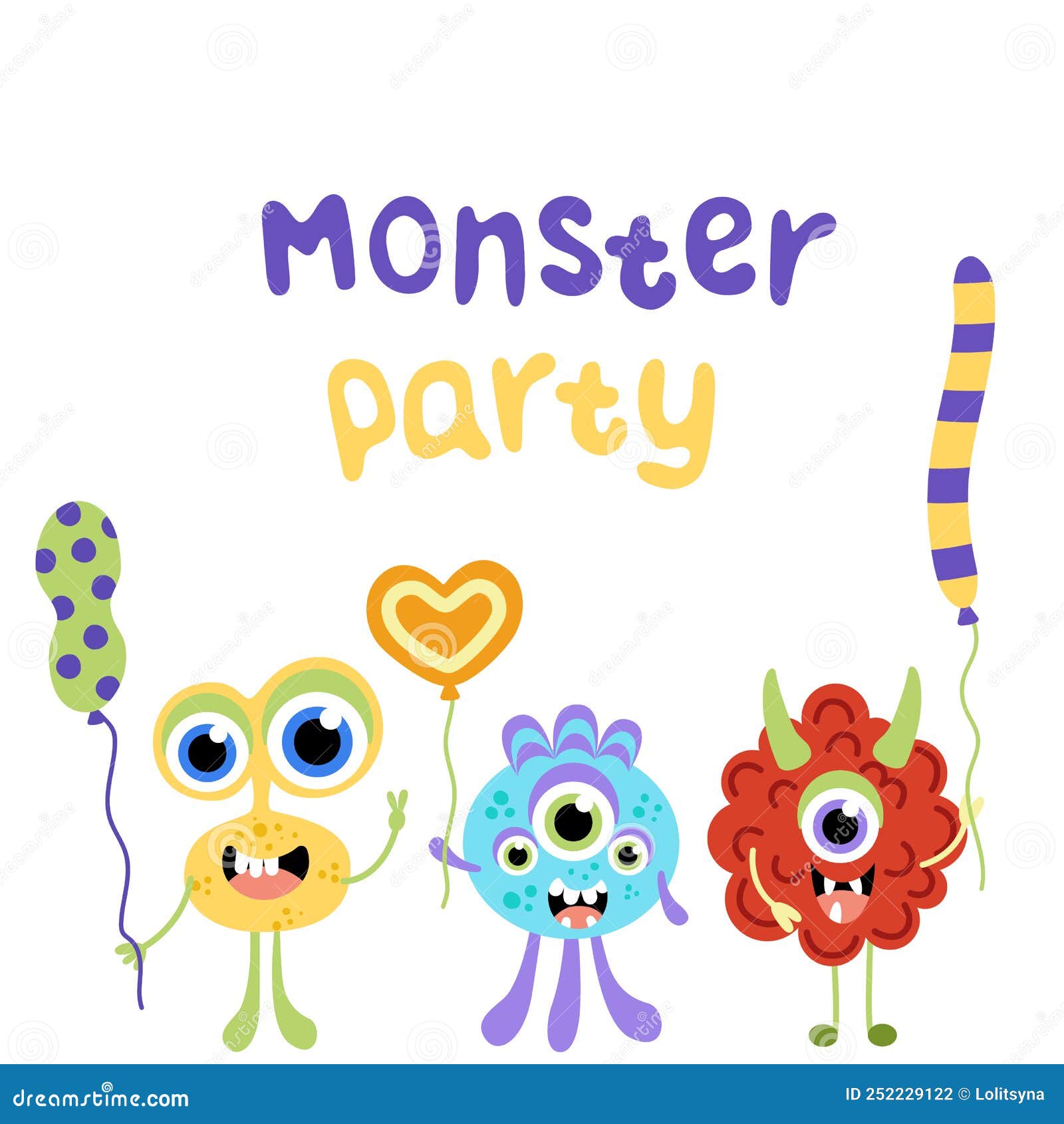 Monster Party Poster. Monsters with Balloons. Flat, Cartoon, Vector ...