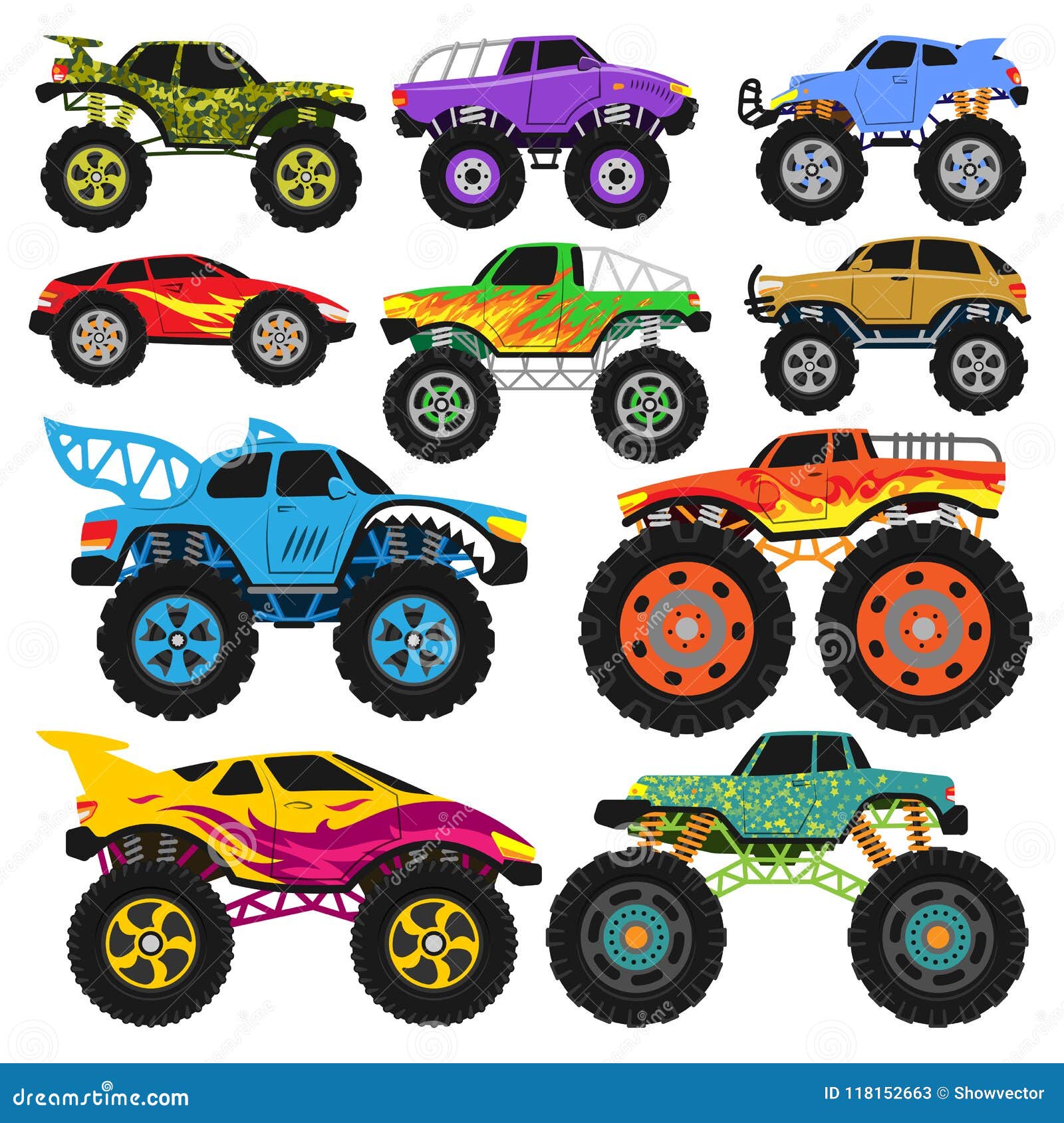 Monster Truck Vector Cartoon Vehicle or Car and Extreme Transport  Illustration Set of Heavy Monstertruck with Large Stock Vector -  Illustration of fire, cartoon: 118152663