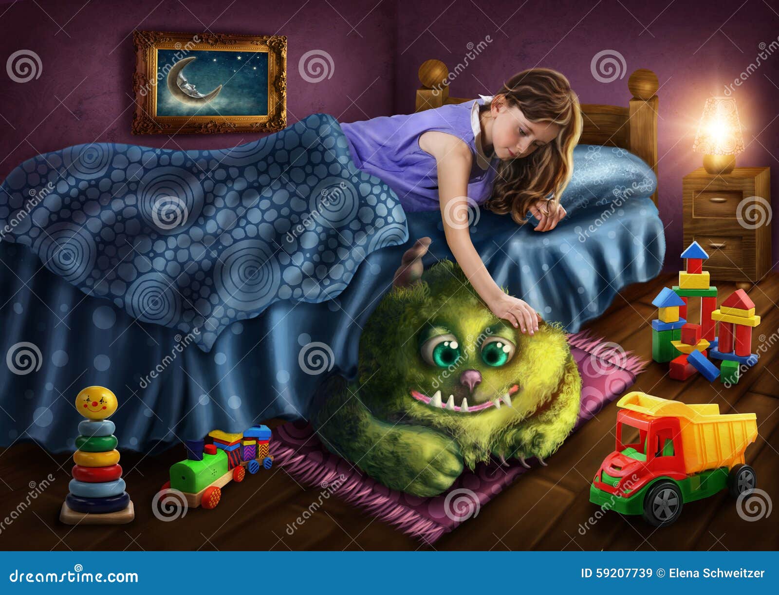 Monstre vert sous le lit illustration stock. Illustration du fourrure