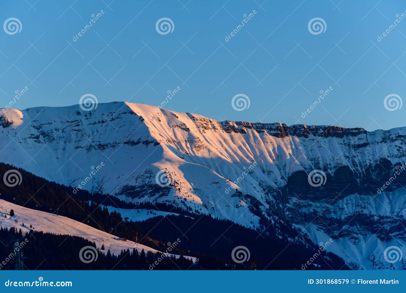 mont blanc massif between mont joly and aiguille croche at sunset in europe, france, rhone alpes, savoie, alps, in winter on a