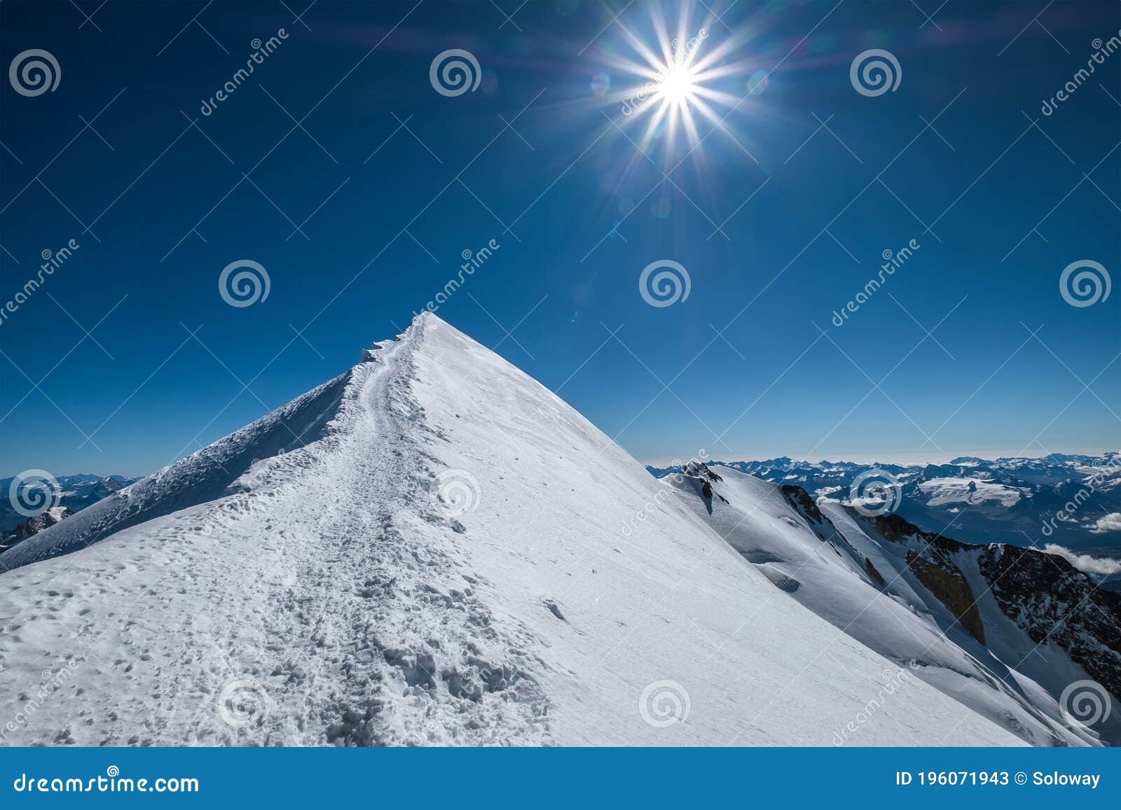 mont blanc monte bianco snowy 4808m summit wide angle view with surrounded french alps landscape with deep blue sky and bright