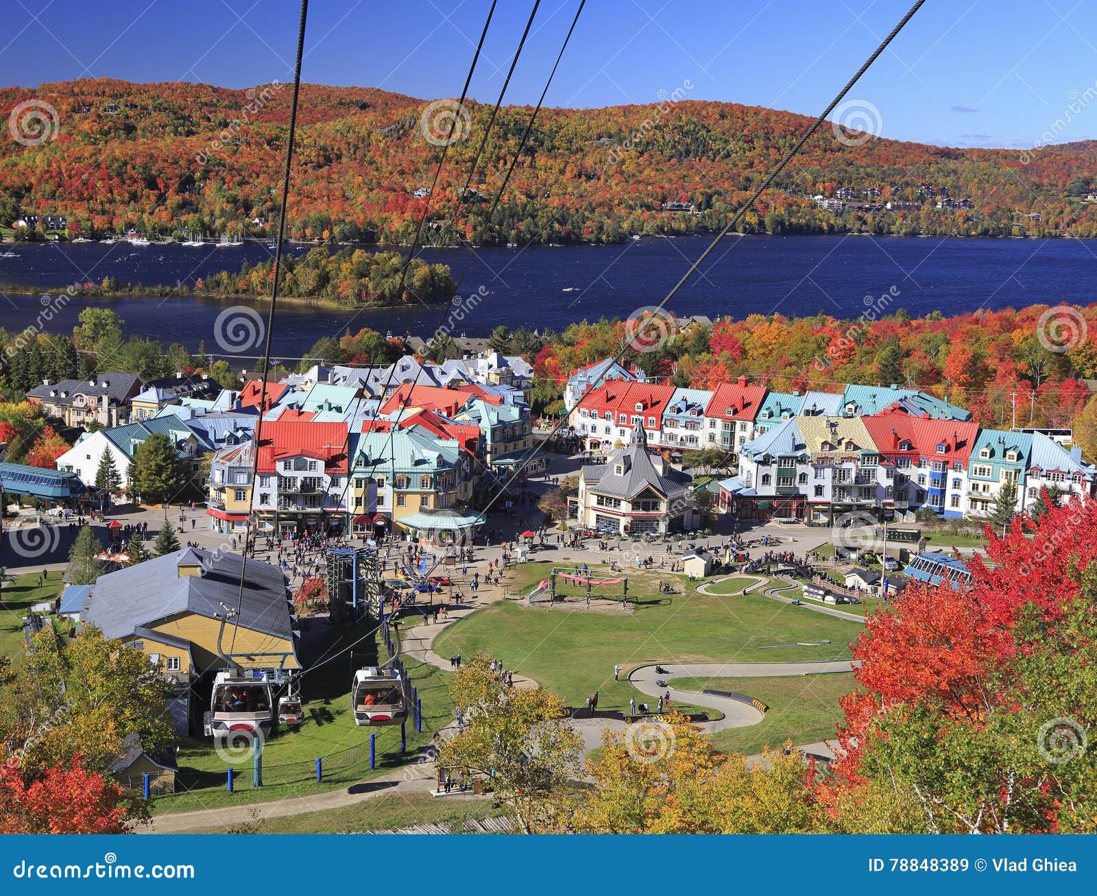 mont tremblant funicular and lake in autumn, quebec