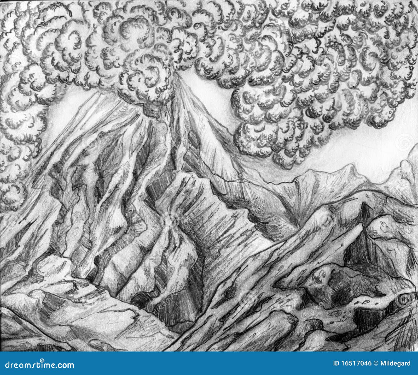 Montanha de fumo do vulcão. Paisagem com montanhas rochosas e erupção do vulcão. Fumo escuro e cinza que espalham em torno da montanha grande. Desenho de lápis, esboço