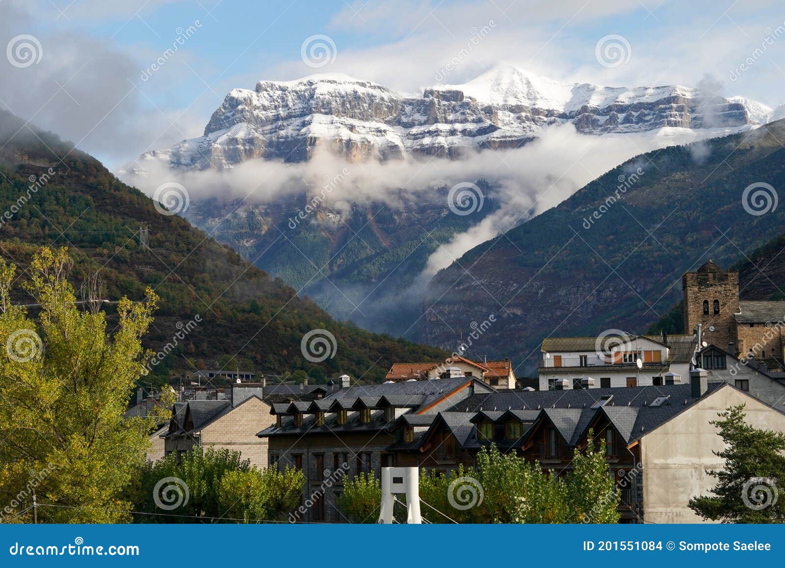 mount perdido  with snowcap with broto cityscape as foreground, aragon,spain