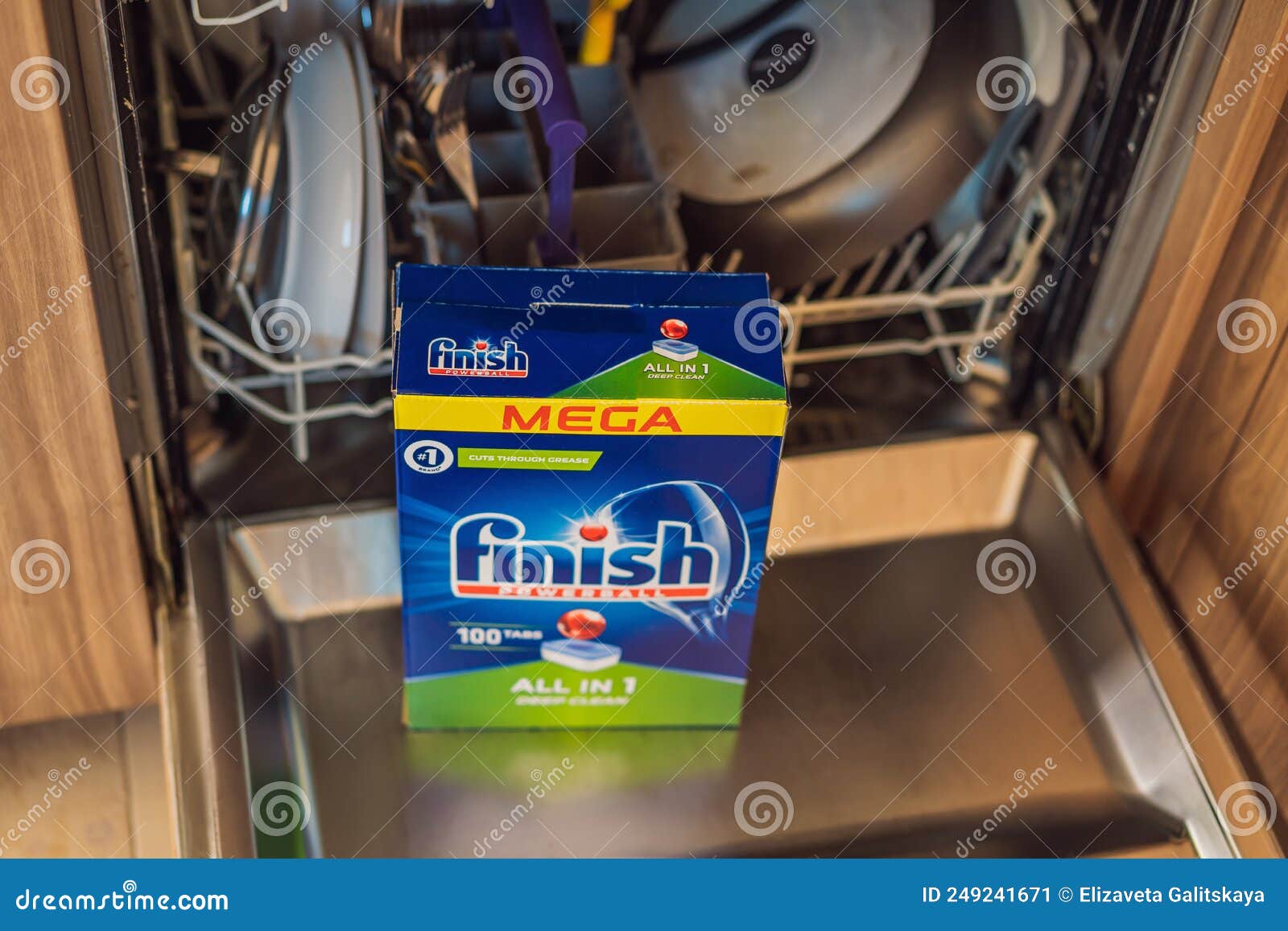 Montenegro, Budva, April 13, 2022 Finish, Dishwasher Tablets Stand on