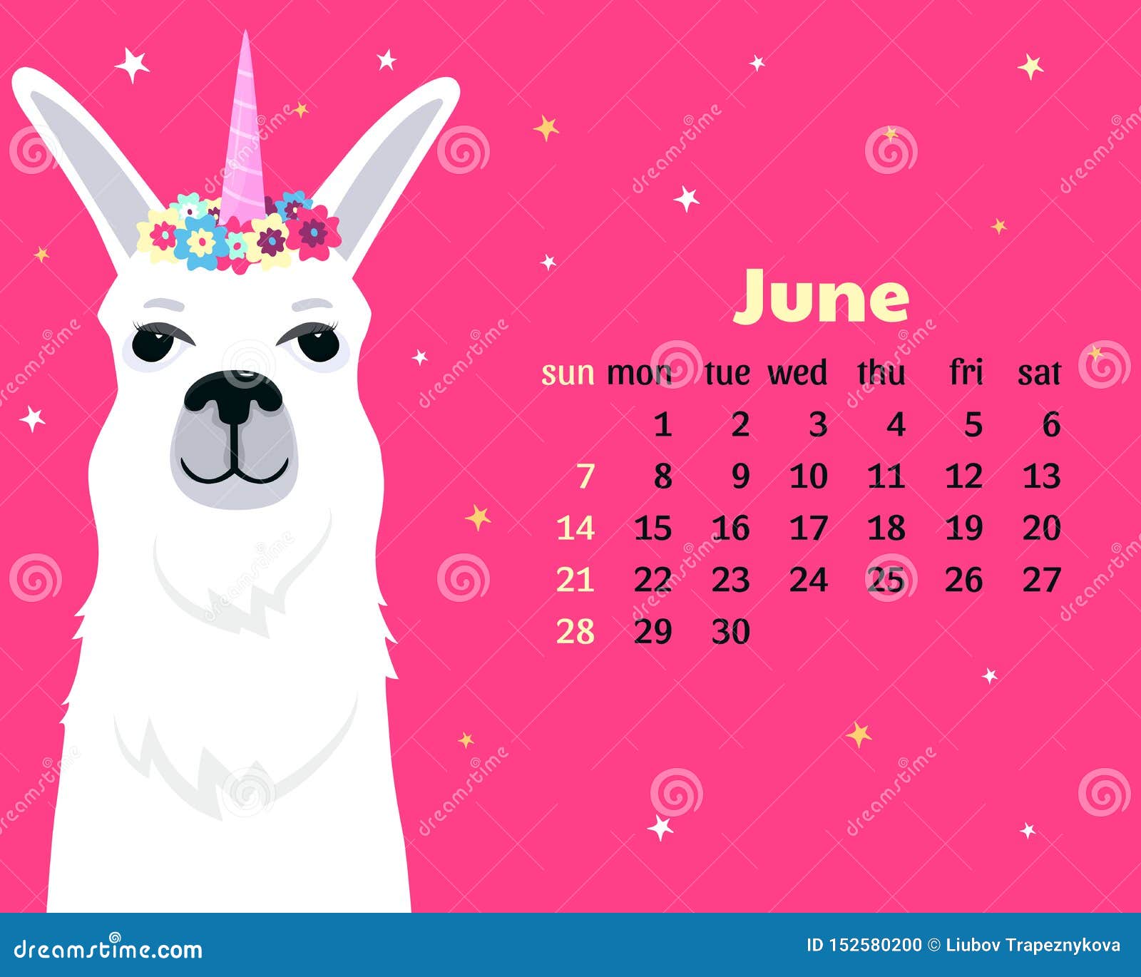 Monthly Calendar for June 2020 from Sunday To Saturday. Cute Llama Unicorn.  Alpaca Cartoon Character Stock Vector - Illustration of children,  lettering: 152580200