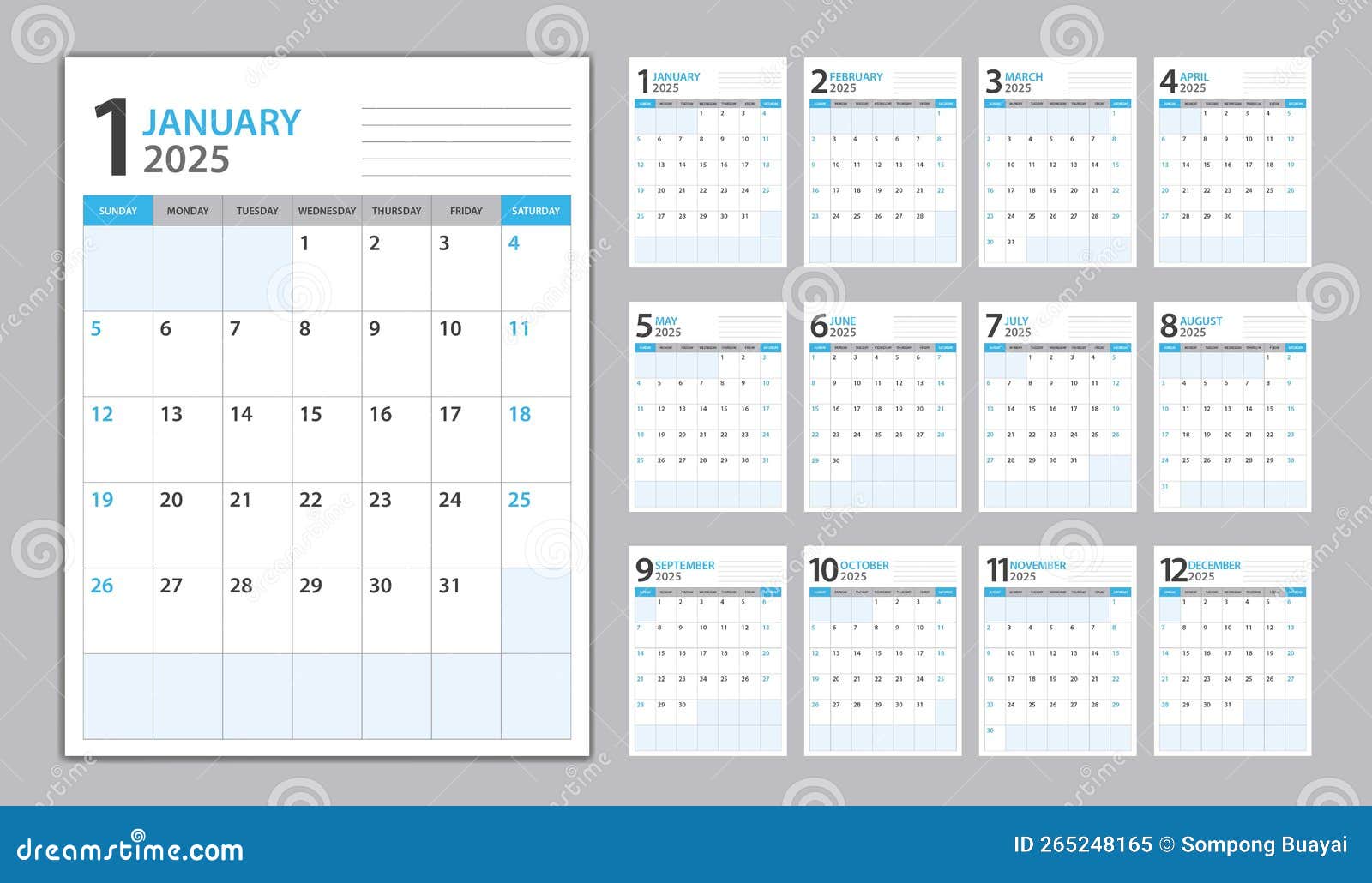 Monthly Calendar Template for 2025 Year Blue Background, Planner 2025 Monthly Planner Calendar 2025 Year