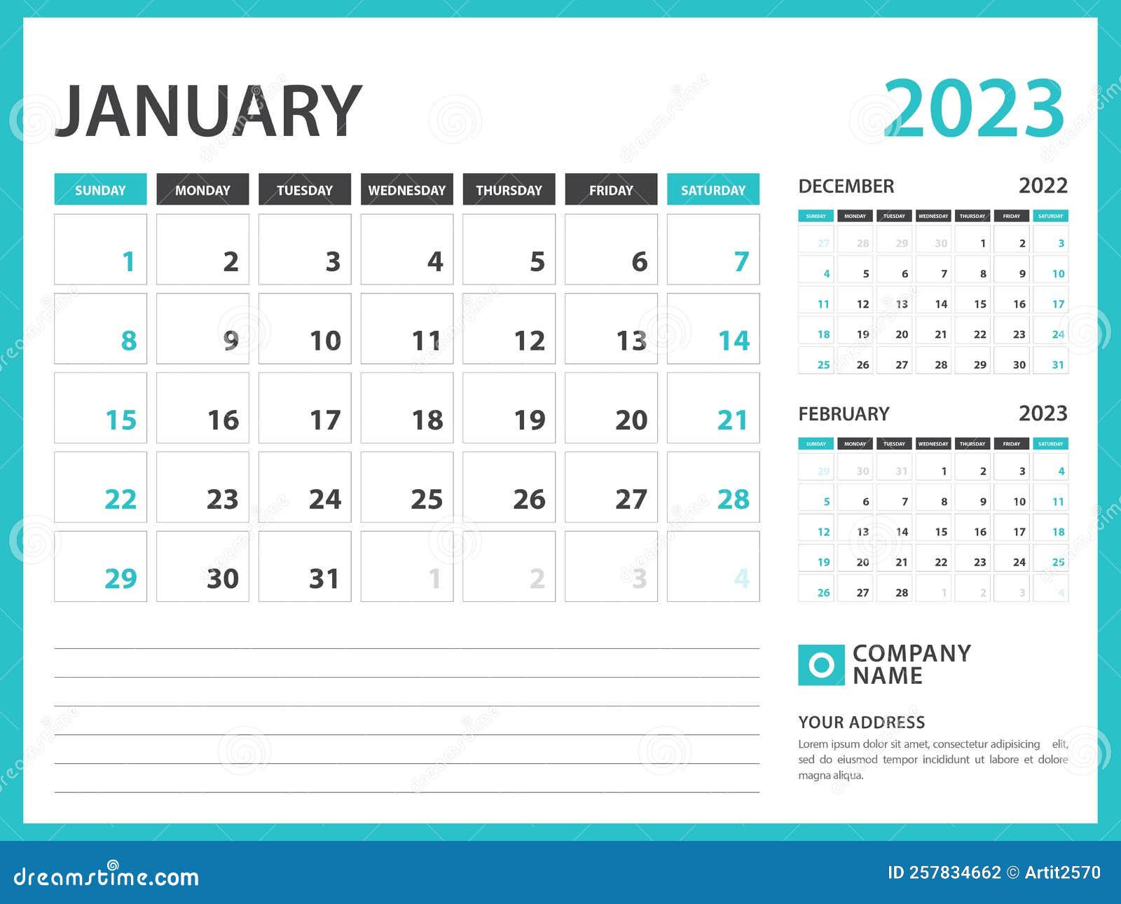 Monthly Calendar Template for 2023 Year. January 2023 Year, Week Starts