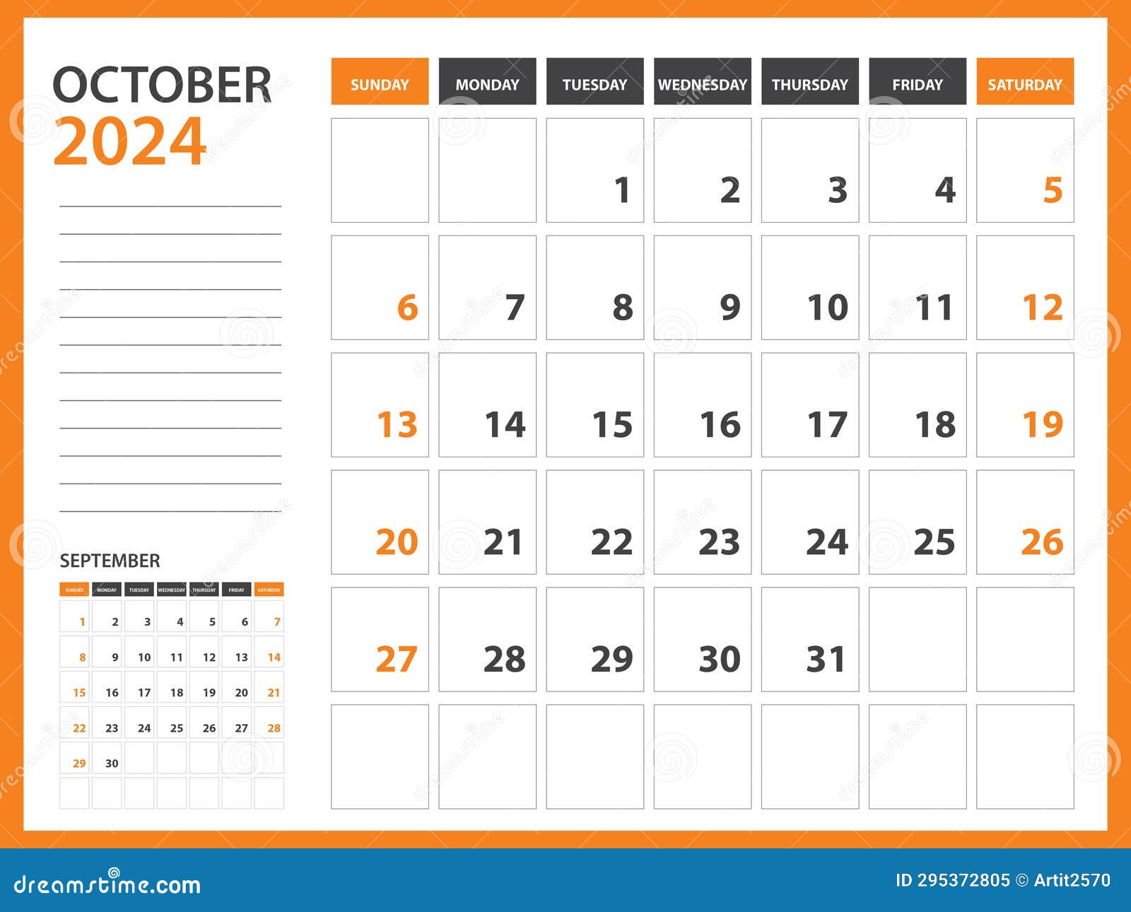 Monthly Calendar Template for 2024 Year -October 2024 Year, Week Starts