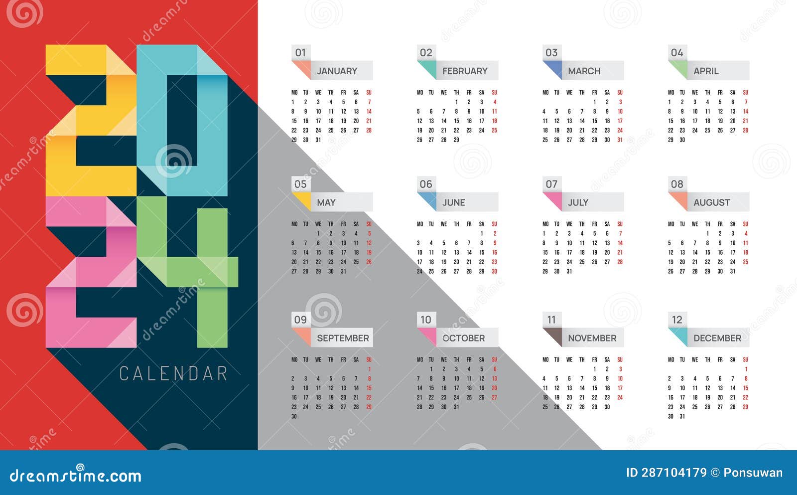 Monthly Calendar Template for 2024 Year.vector Stock Vector
