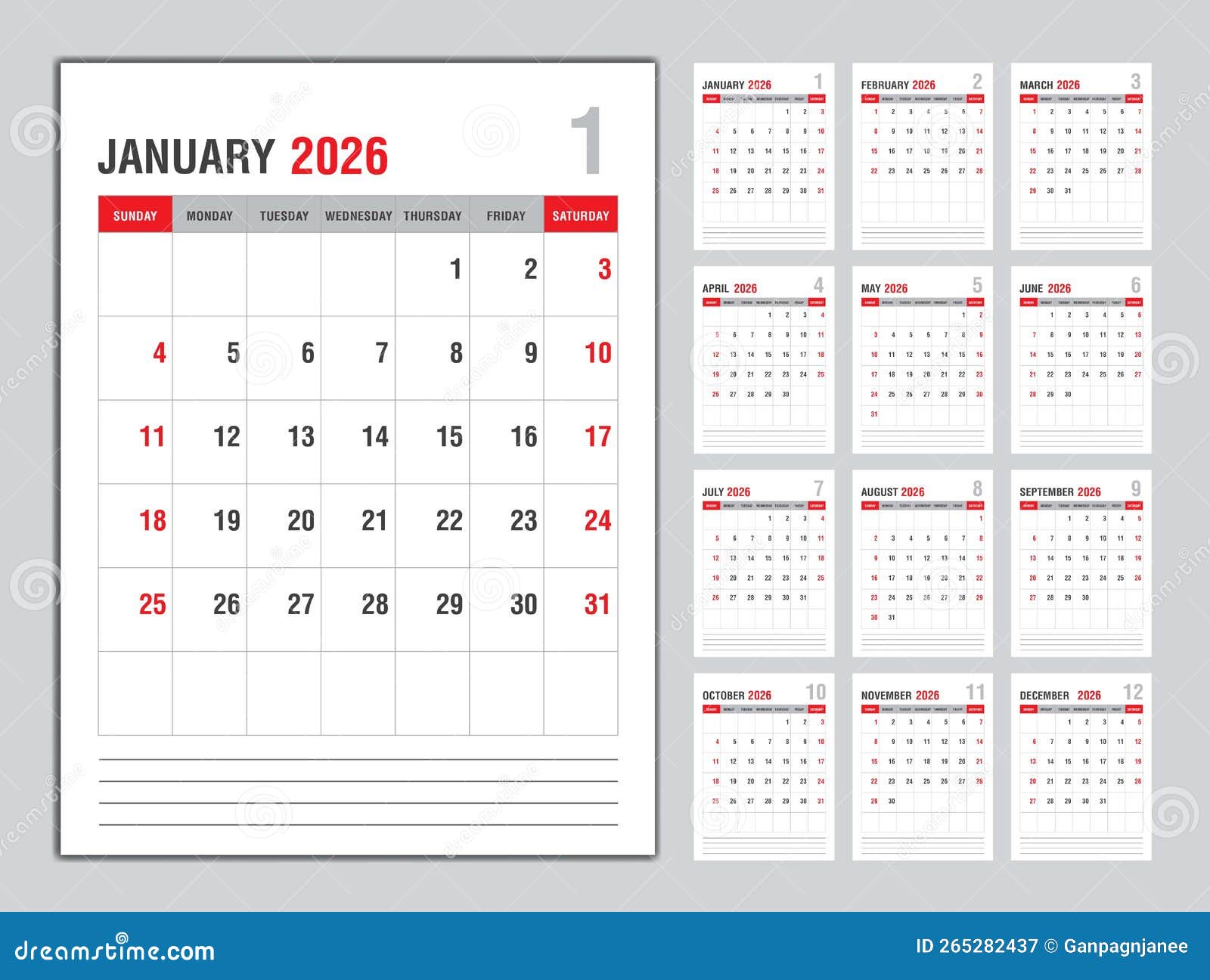 Monthly Calendar Template for 2026 Year, Week Starts on Sunday, Planner 2026 Year, Wall Calendar 