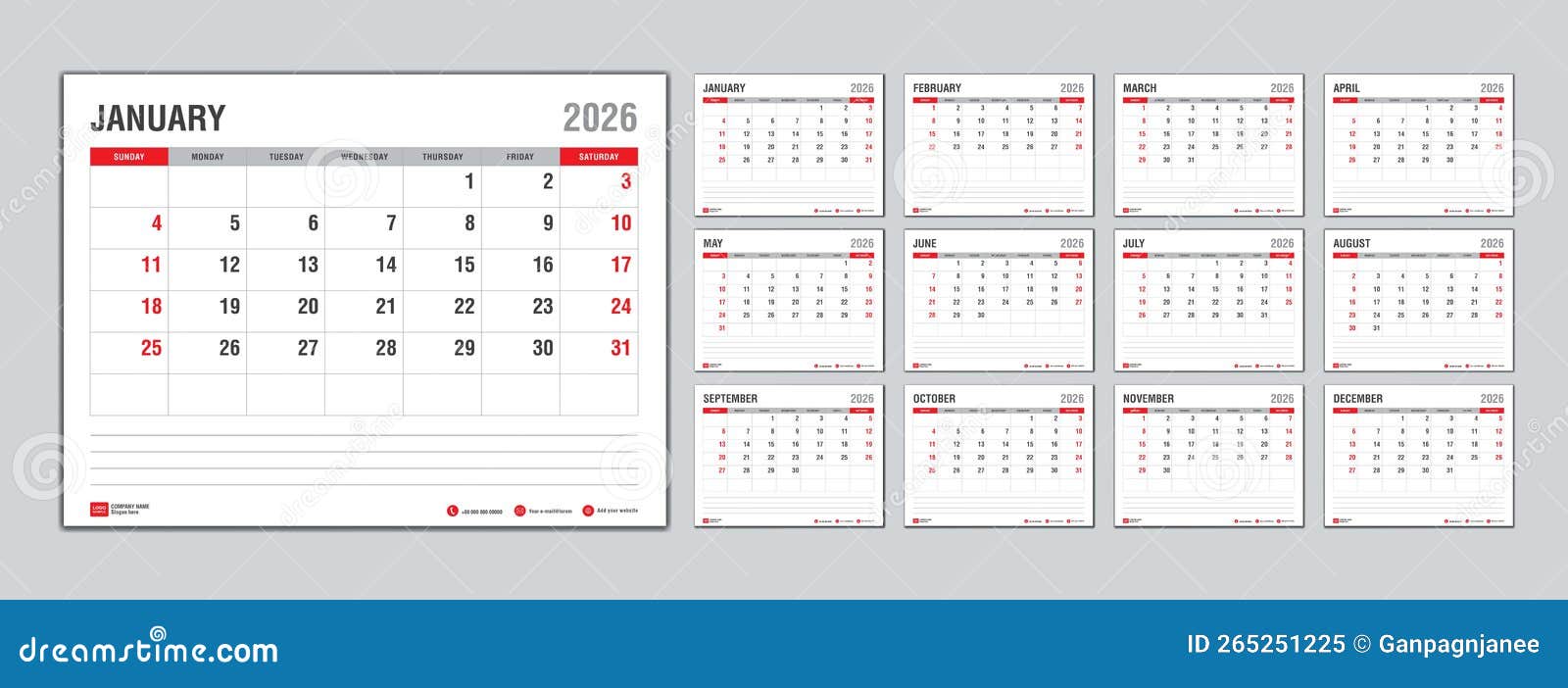 Monthly Calendar Template For 2026 Year, Week Starts On Sunday, Planner 2026 Year, Wall Calendar 