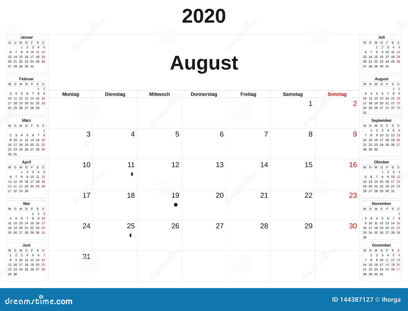 2020 a Monthly Calendar with White Background in German Stock