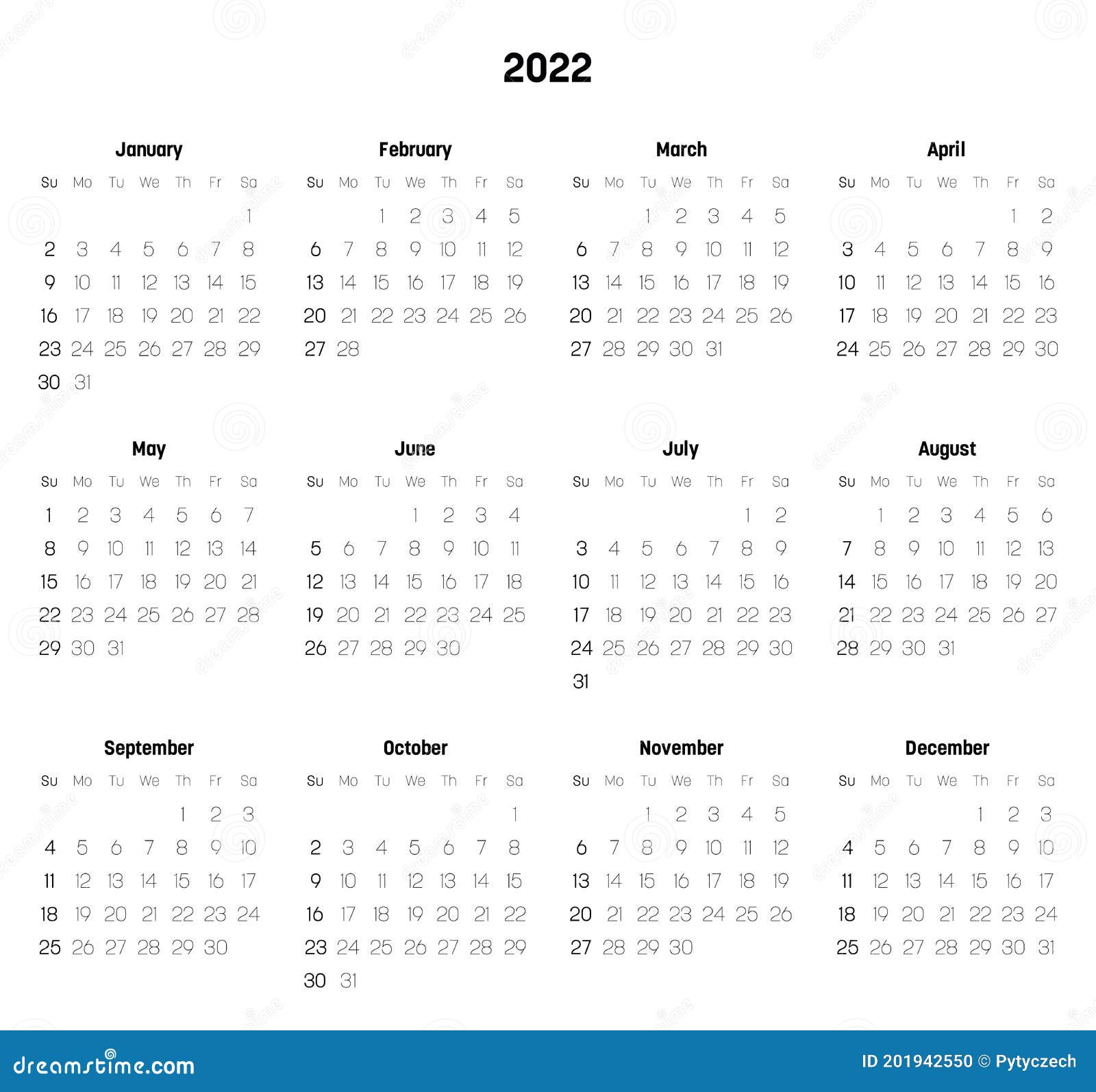 Monthly Calendar Of Year 2022 Stock Vector - Illustration Of Page, 2022: 201942550