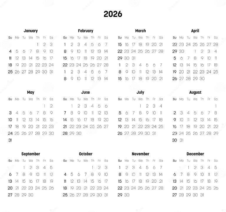 Monthly Calendar of Year 2026 Stock Vector Illustration of calendar