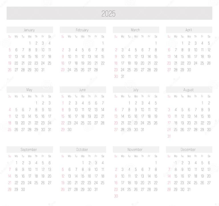 Monthly Calendar of Year 2025 Stock Vector Illustration of minimalist