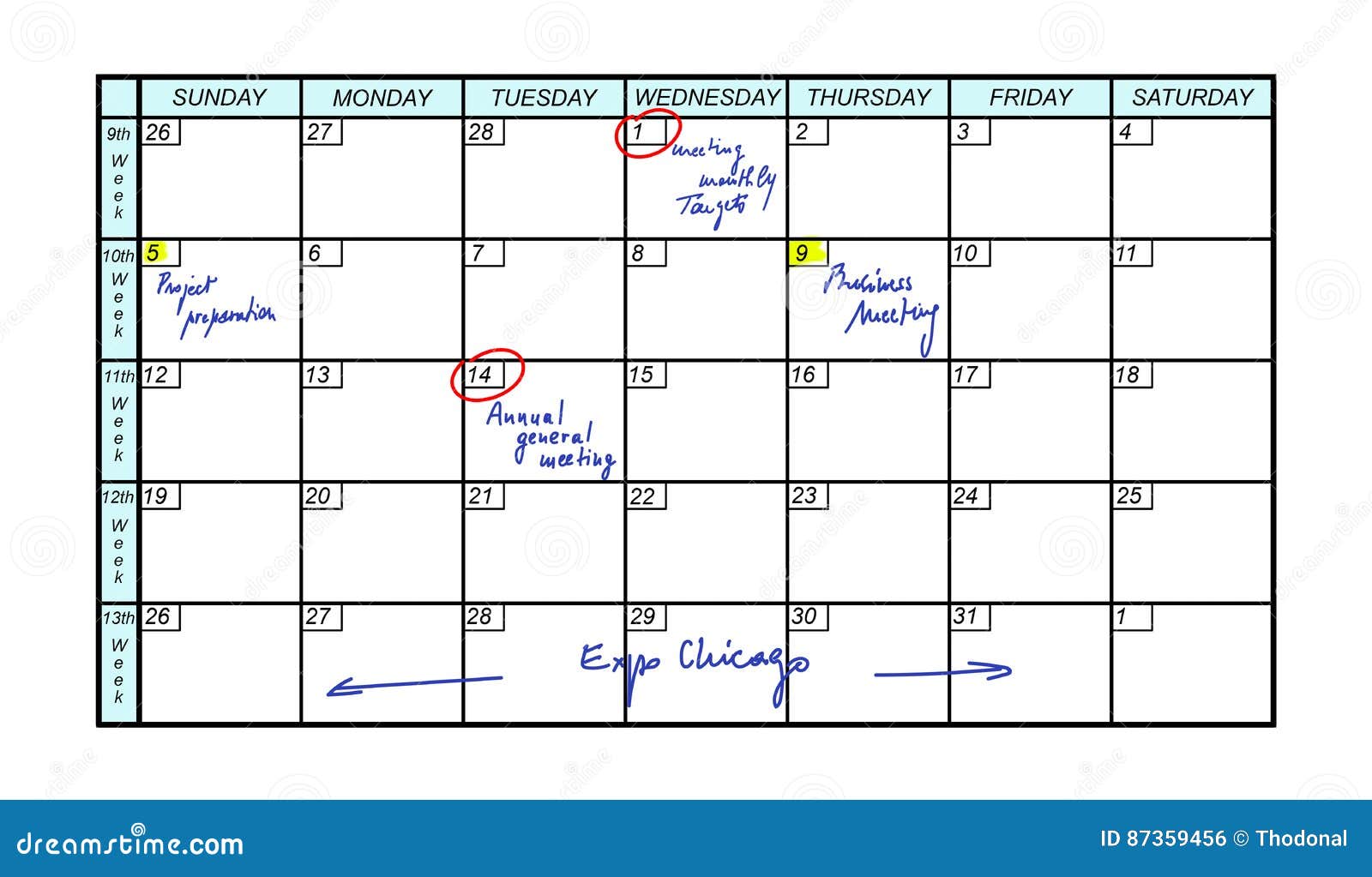 Monthly meeting calendar stock illustration. Illustration of timeline