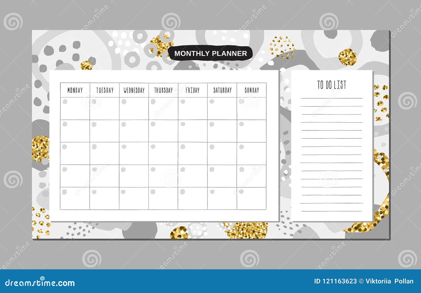 monthly planner black gray gold doodles design vector part stock part planner