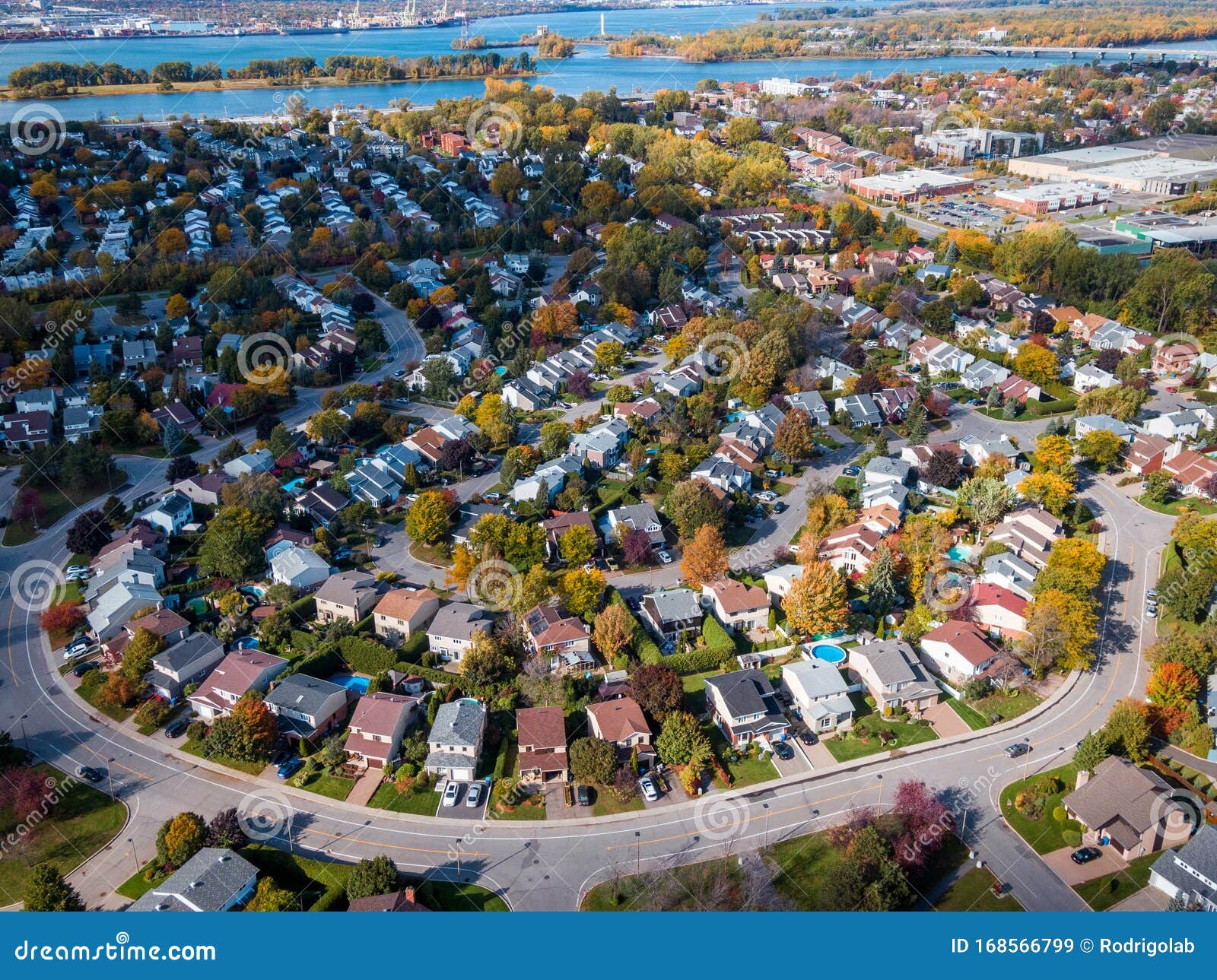montreal, quebec, canada, aerial view of houses in residential neighbourhood in autumn season