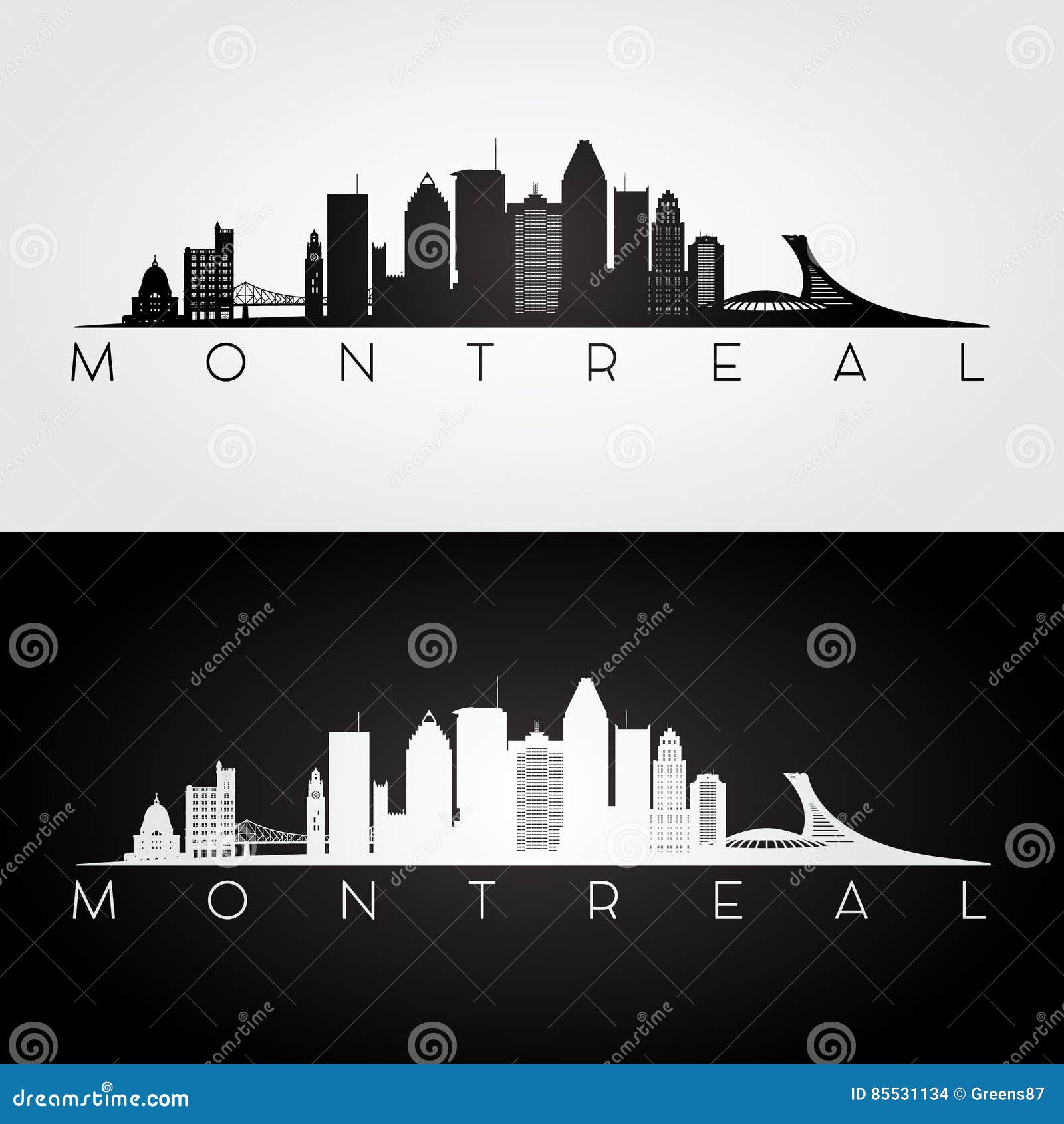 montreal skyline and landmarks silhouette.