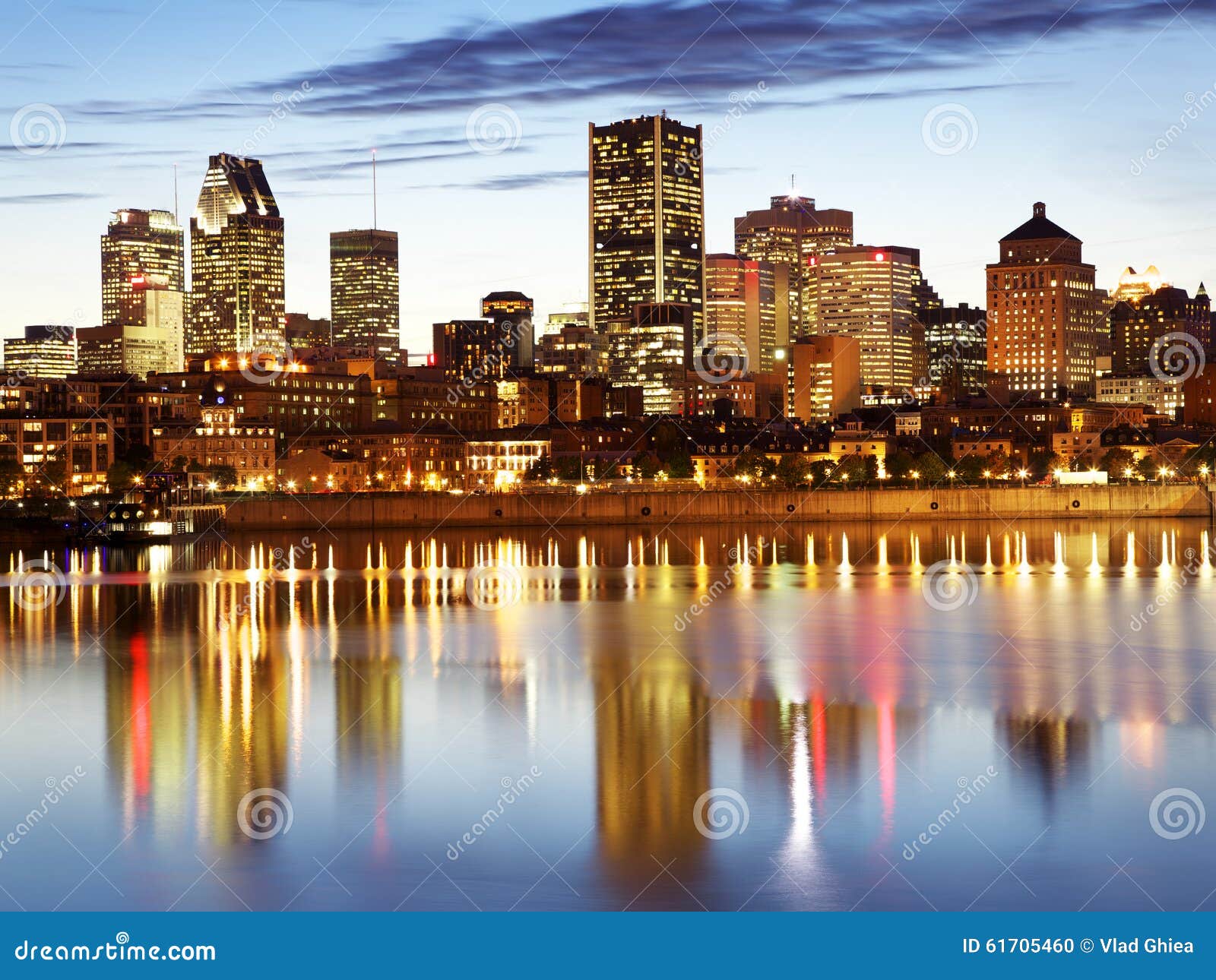 Montreal Skyline and Saint Lawrence River at Dusk, Canada Stock Photo