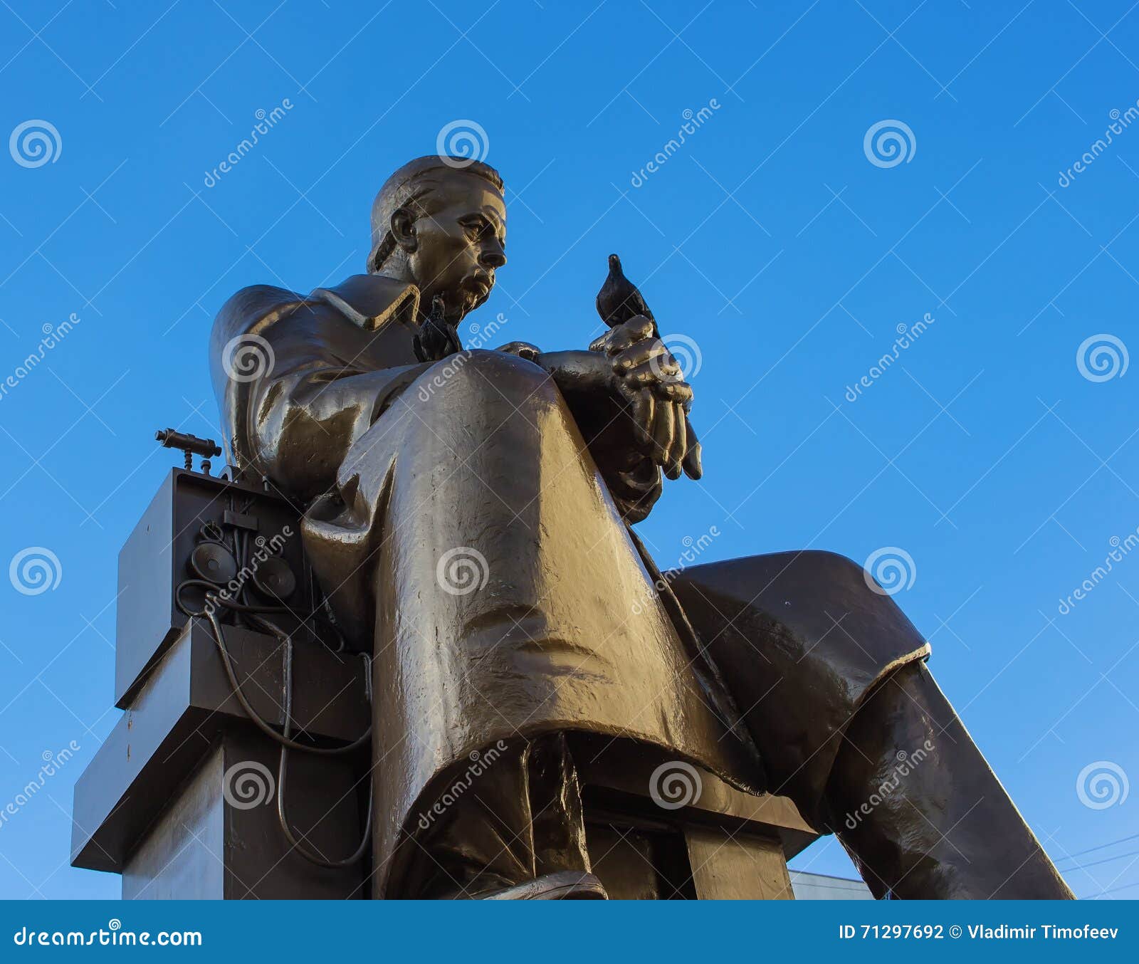 monument to alexander popov with a dove on his arm, a russian inventor of radio.