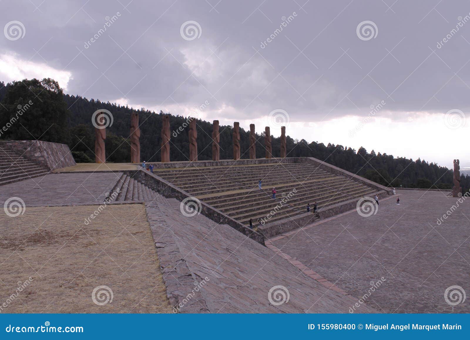monuments at the top of the stairs, centro ceremonial otomi in estado de mexico. side view